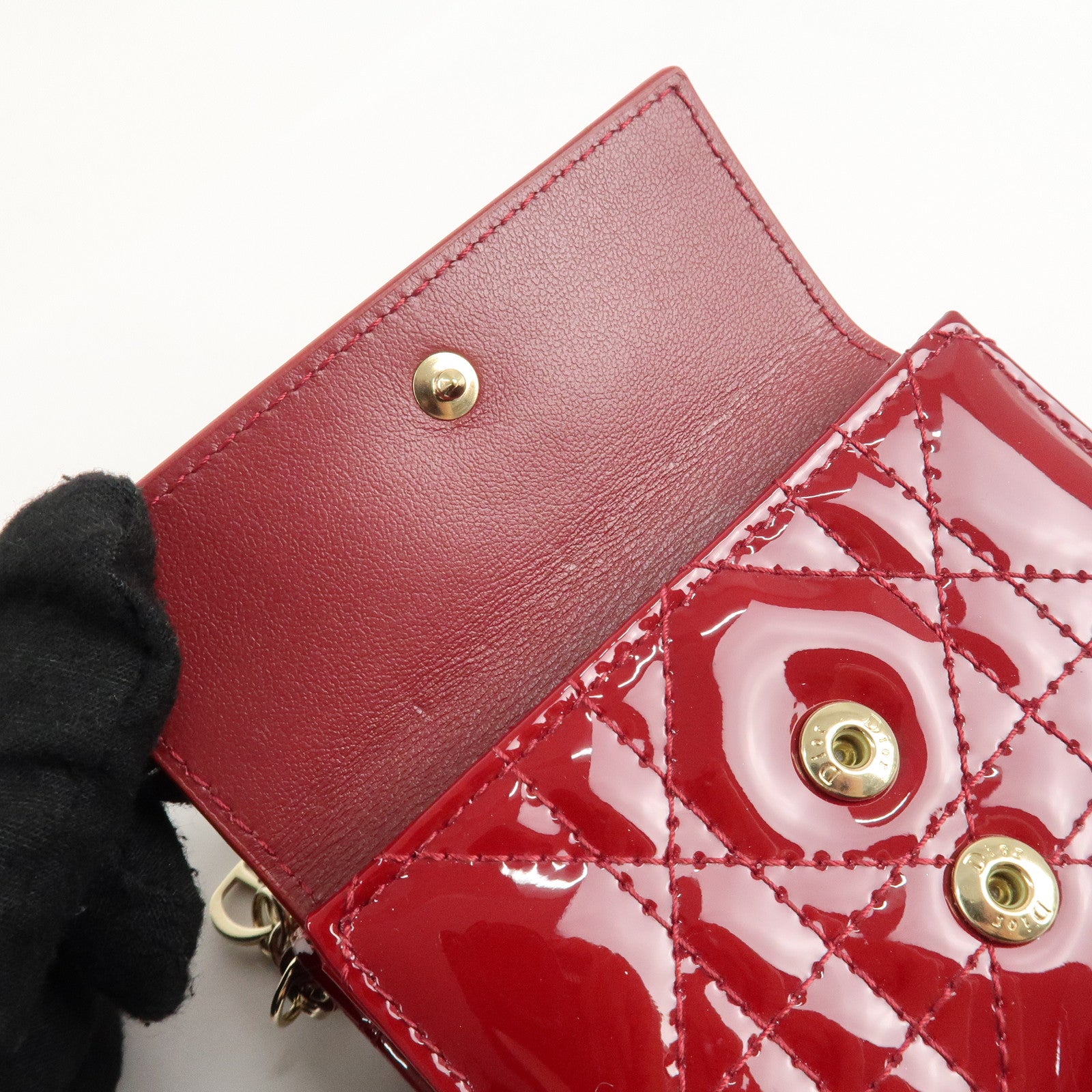 Christian Dior Cannage Lady Dior Leather Lotus Tri fold Wallet Red Used