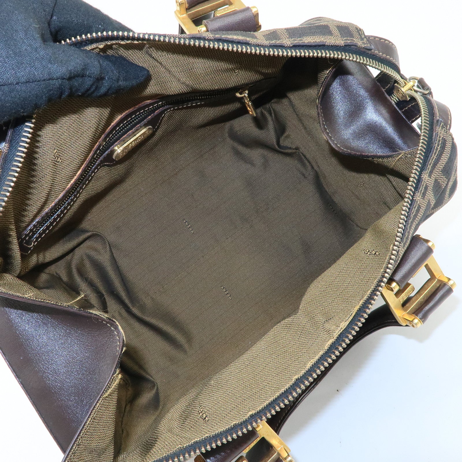 FENDI Zucca Canvas Leather Hand Bag Brown Black Used