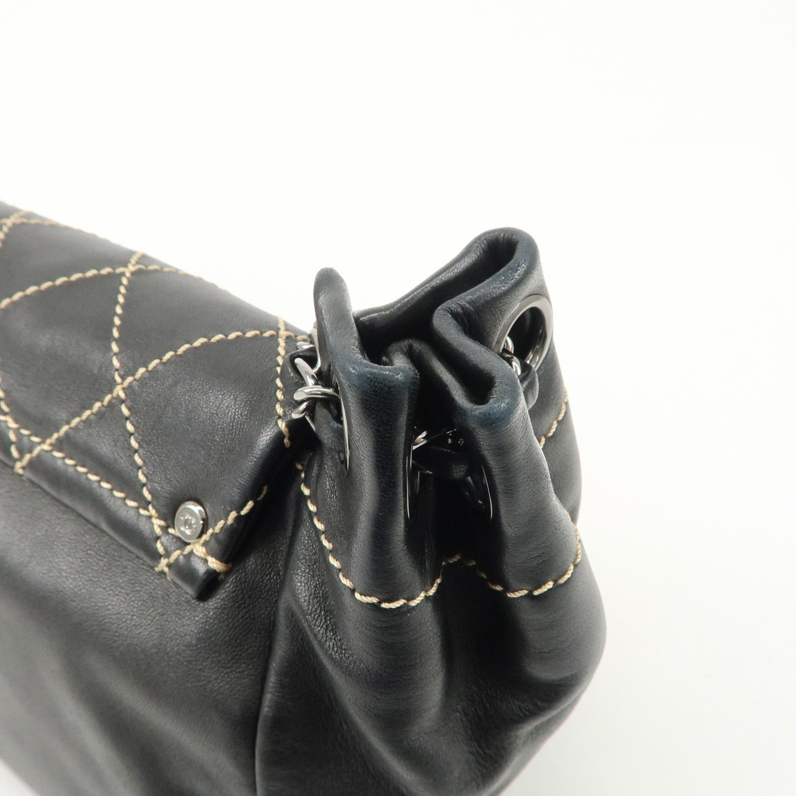 CHANEL COCO Mark Wild Stitch Lamb Skin Chain Shoulder Bag Black Used