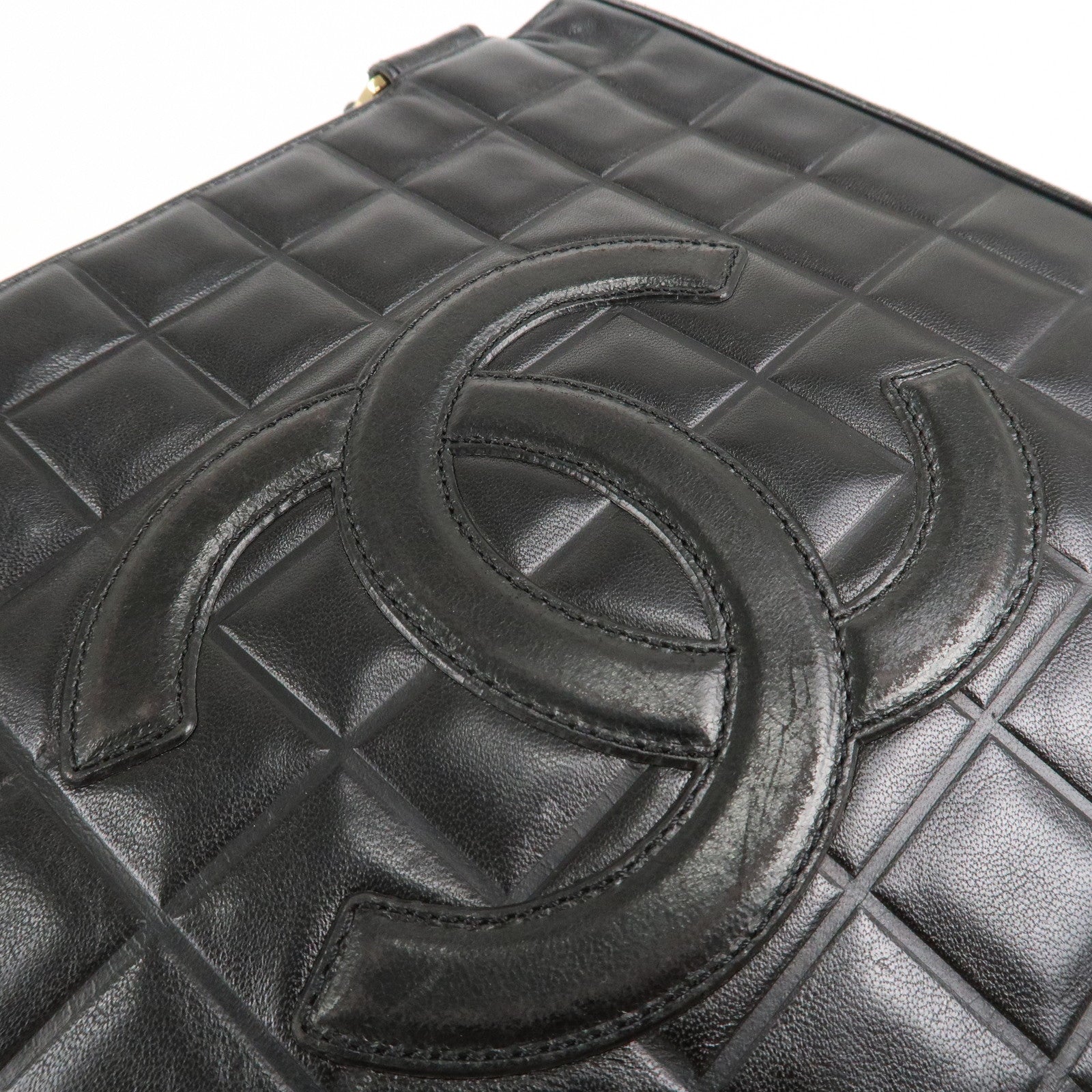 CHANEL COCO Mark Chocolate Bar Lamb Skin Shoulder Bag Black Used