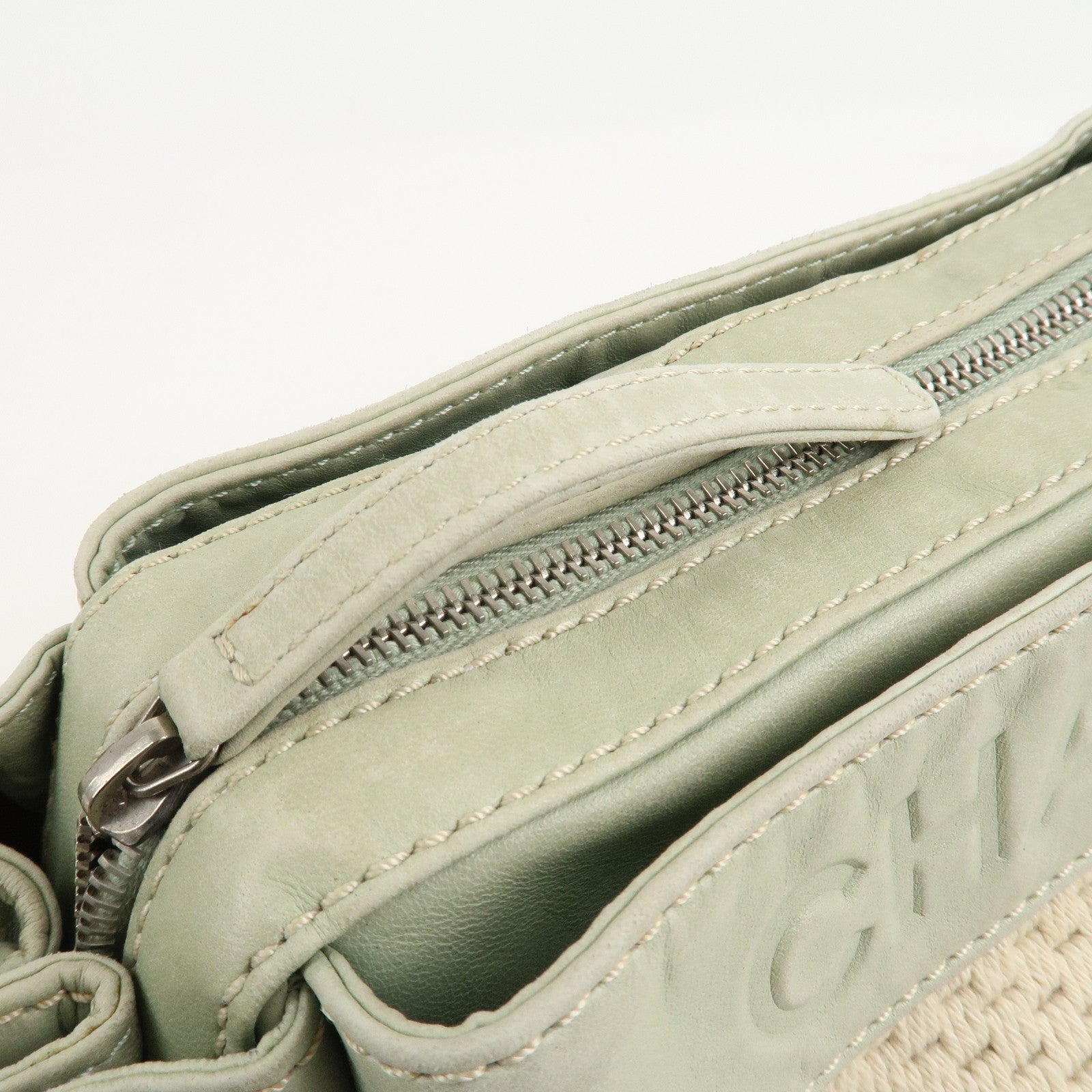 CHANEL Cotton Leather Chain Shoulder Bag Ivory Light Green Used