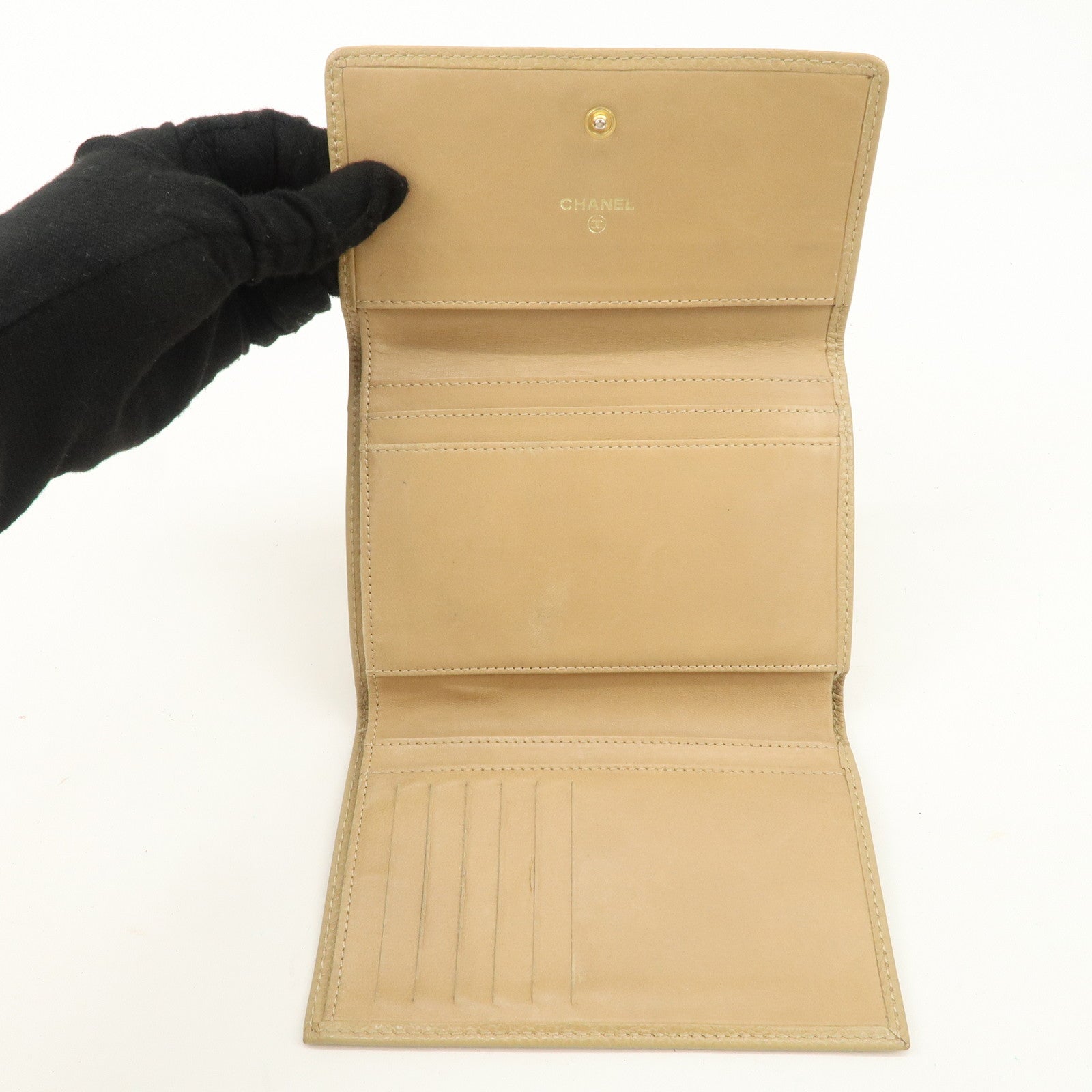 CHANEL Caviar Skin COCO Mark Tri-Fold Wallet Beige Gold Used