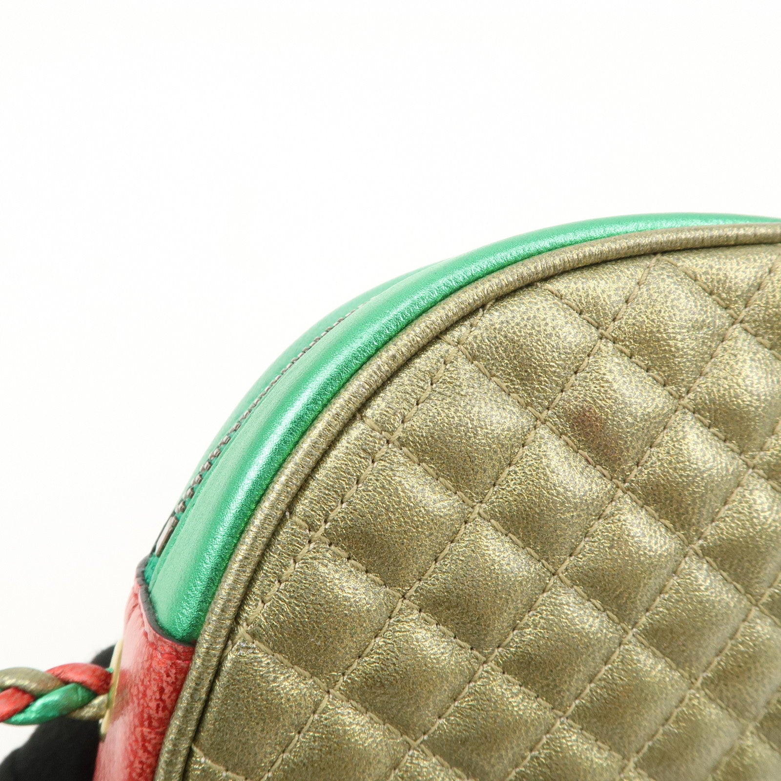 GUCCI Laminate Quilting Leather Shoulder Bag Green Red Gold 534951 Used