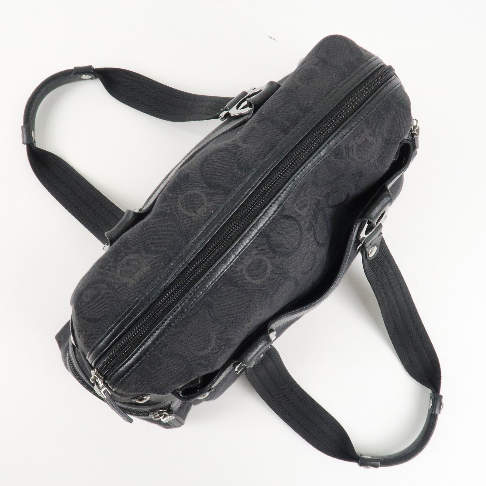 Ferragamo Gancini Pattern Canvas Leather Boston Bag Black Used