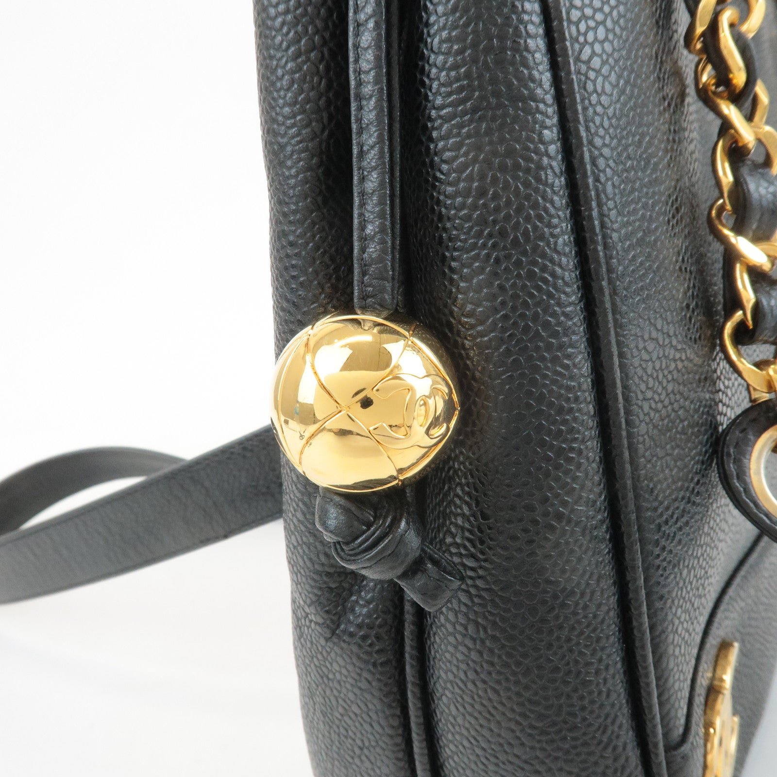 CHANEL Triple COCO Caviar Skin Tote Bag Black Gold Used