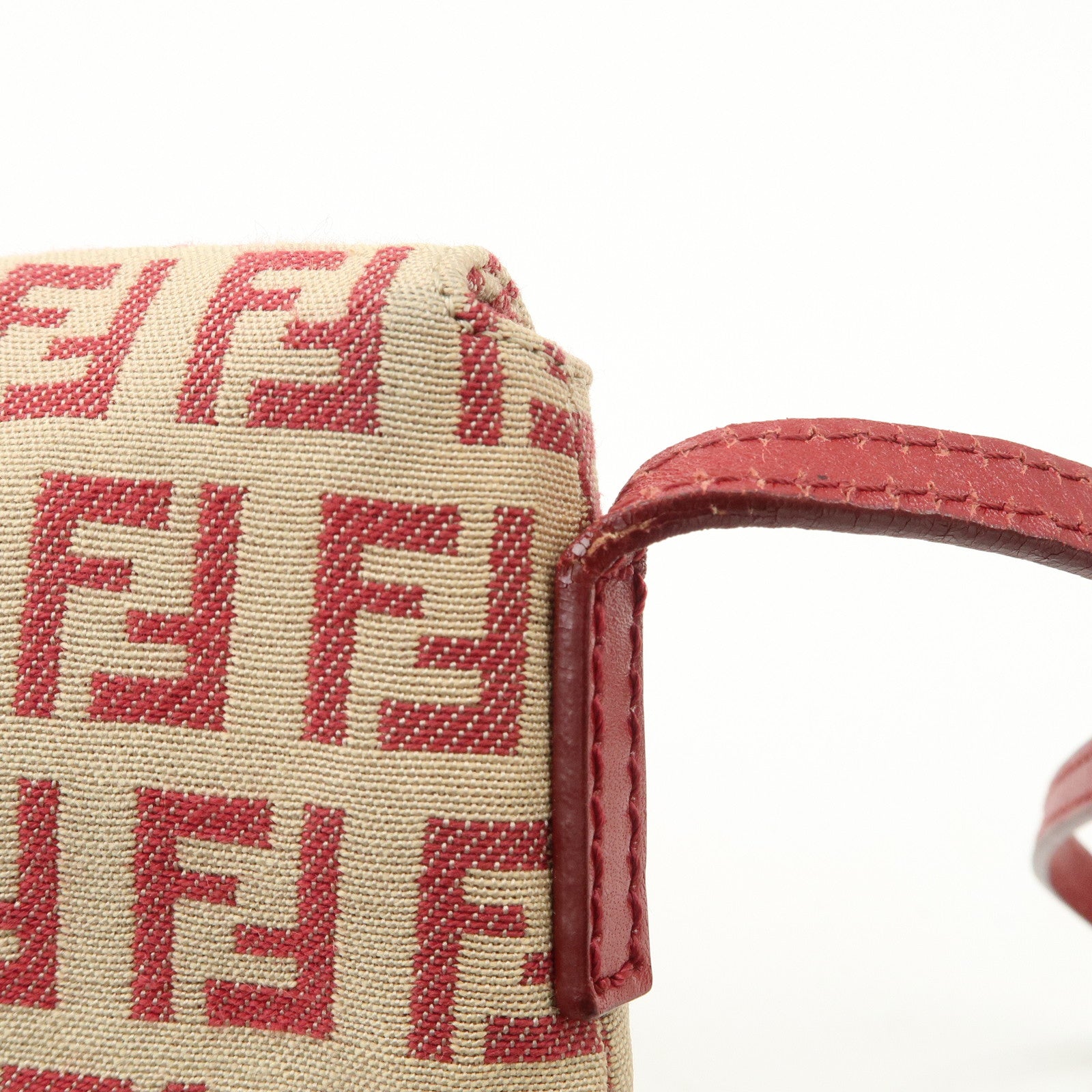 FENDI Zucchino Canvas Leather Shoulder Bag Beige Red 8BT075 Used
