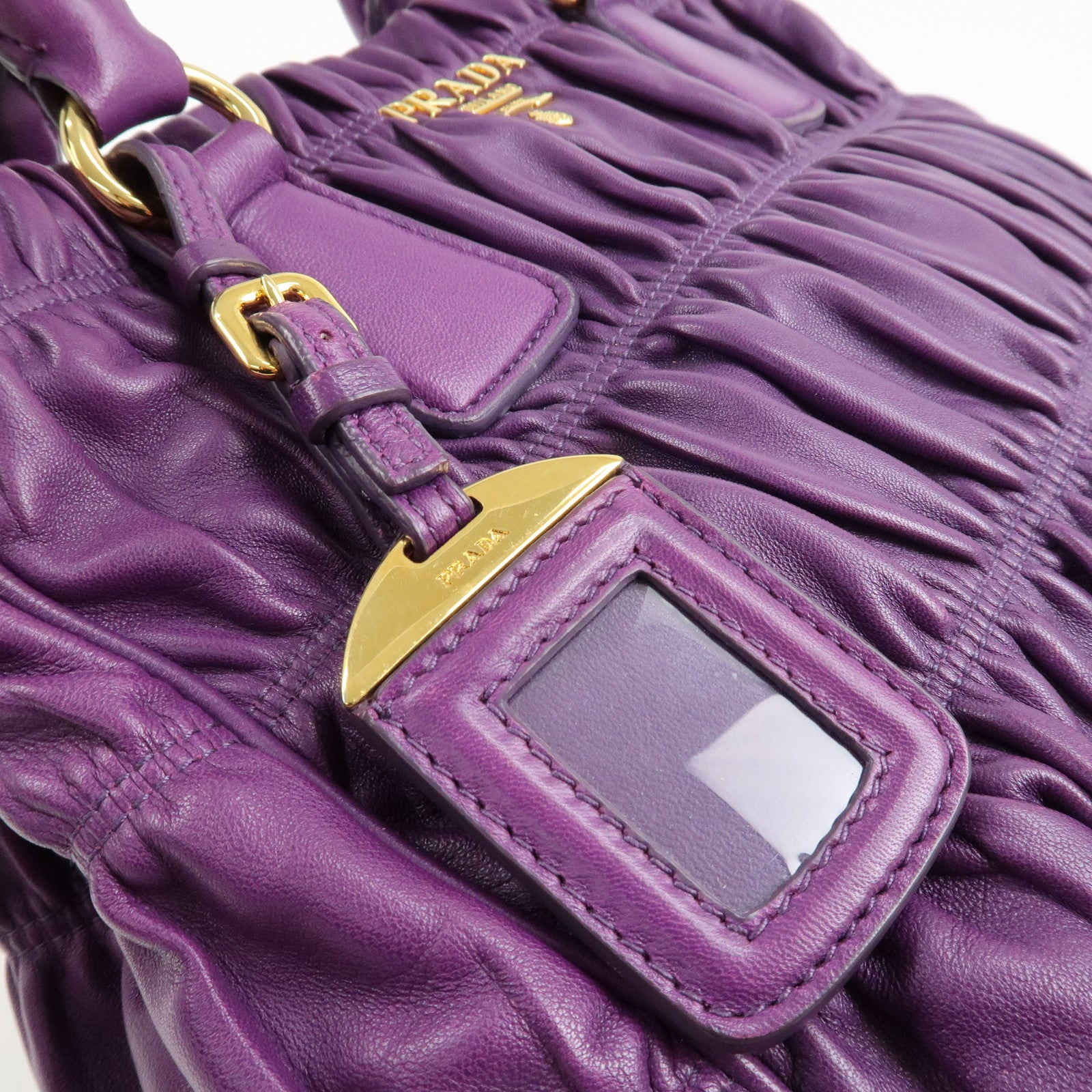 PRADA Leather Gathered Hand Bag Purple Gold Hardware BN2394 Used