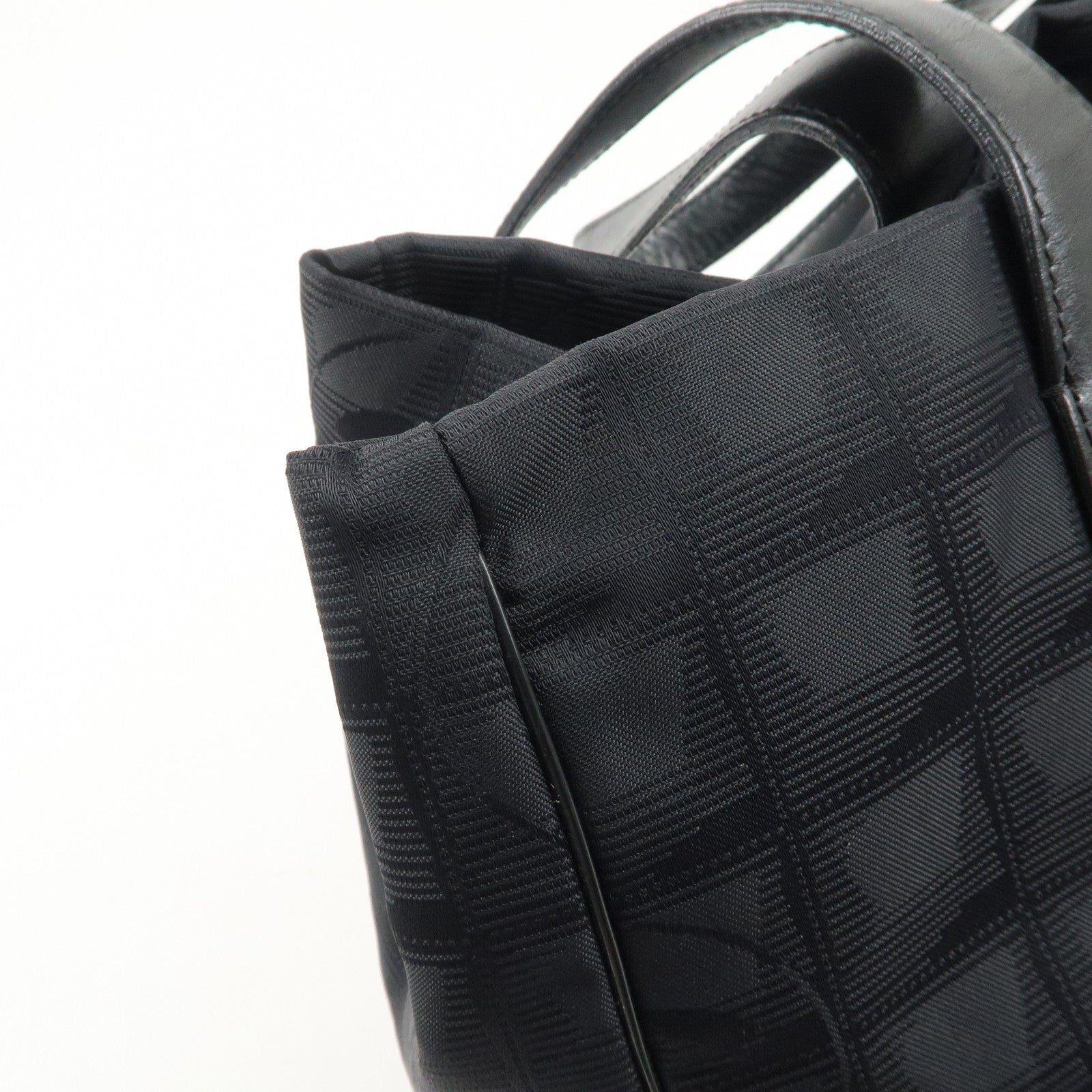 CHANEL Travel Line Nylon Jacquard Leather Tote Bag MM Black A15991 Used