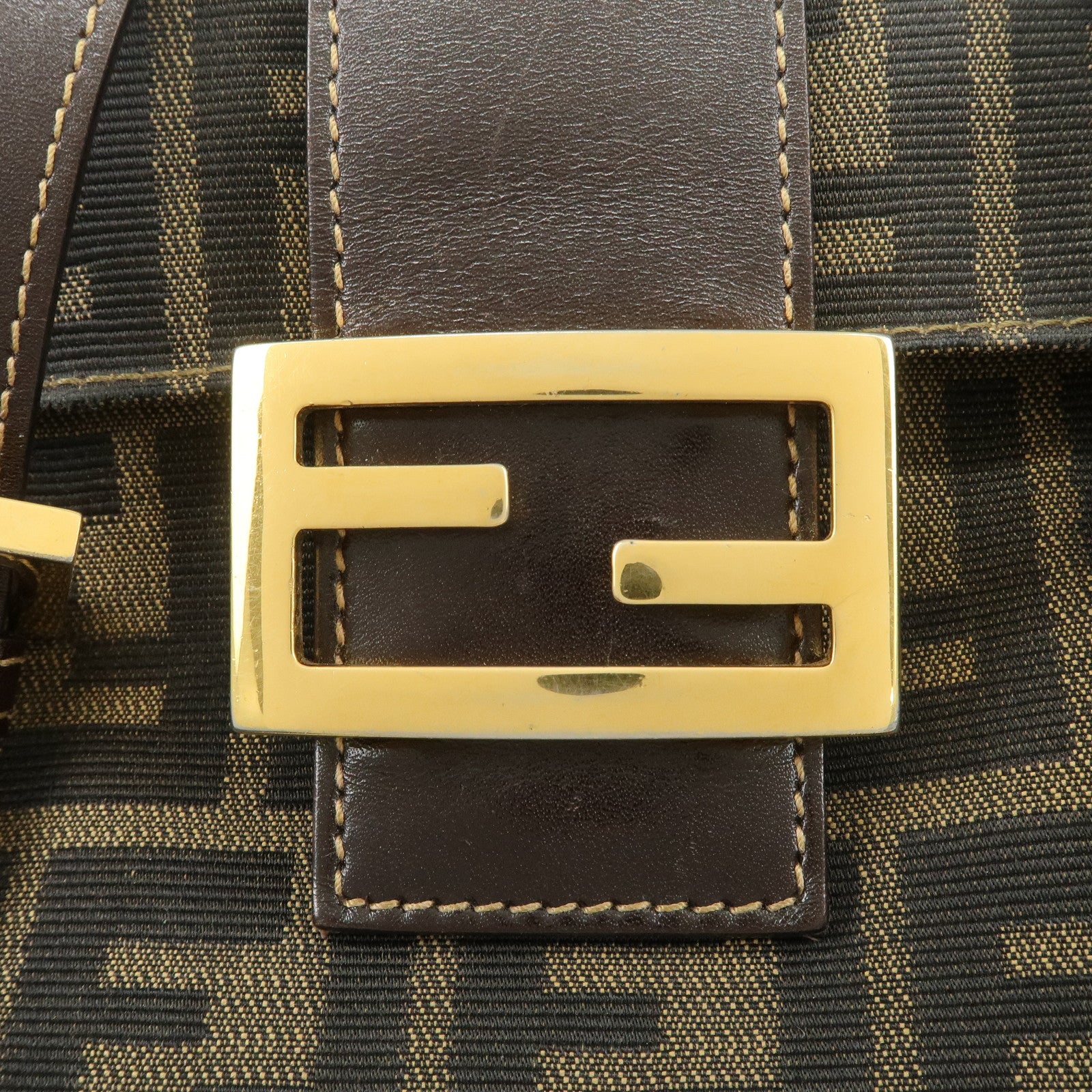FENDI Zucca Canvas Leather Hand Bag Brown Black Gold Hardware Used
