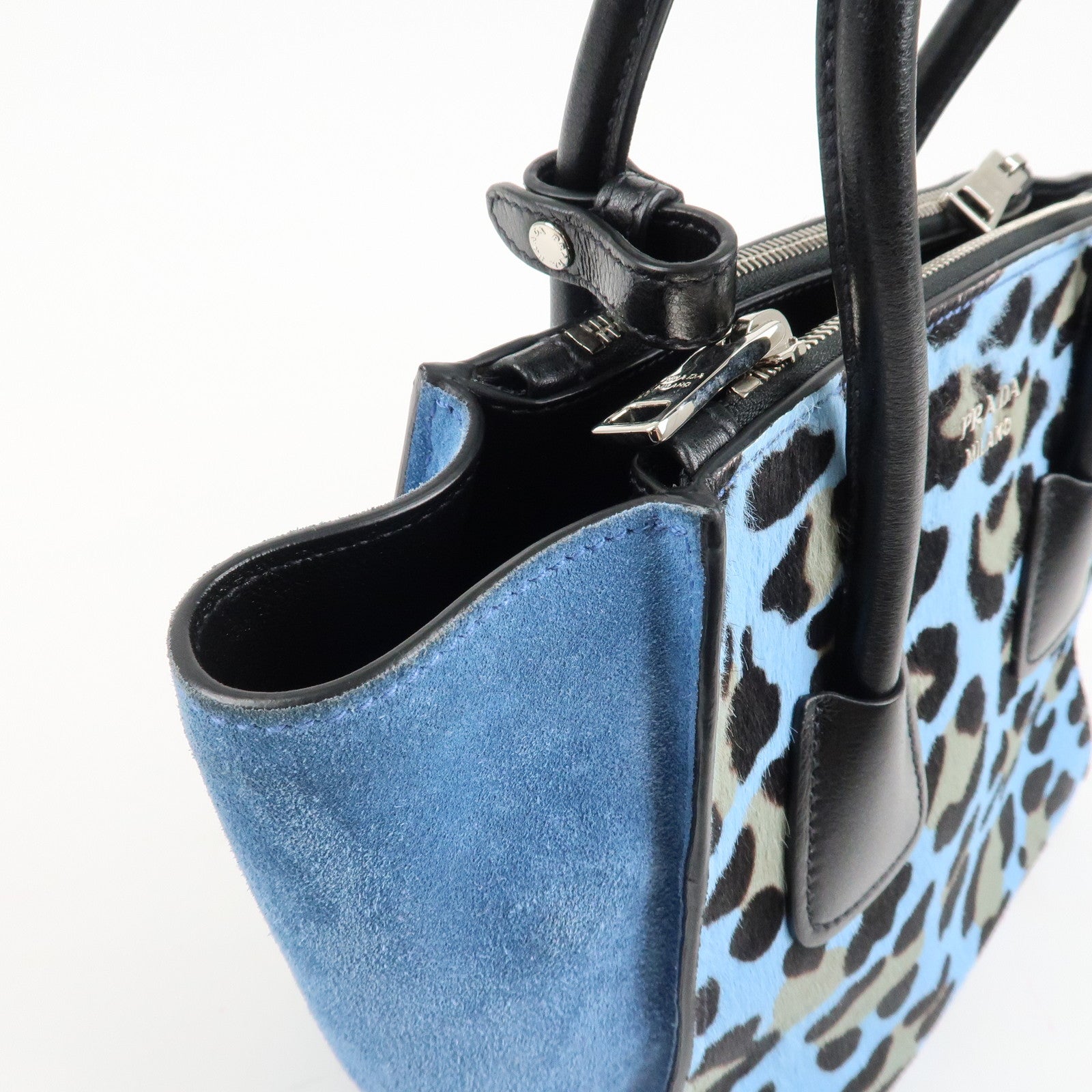 PRADA Unborn Calf Suede Leather 2Way Hand Bag Blue Black 1BA025 Used