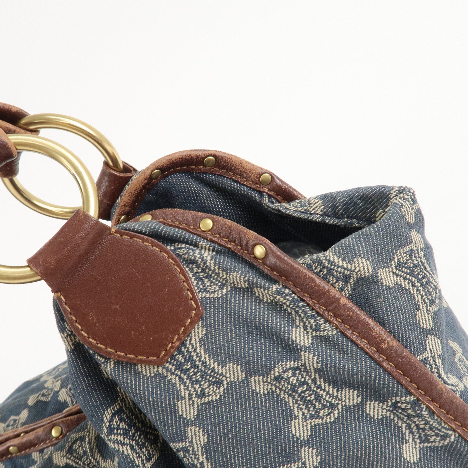 CELINE Macadam Denim Leather Bittersweet Shoudler Bag Navy Brown Used