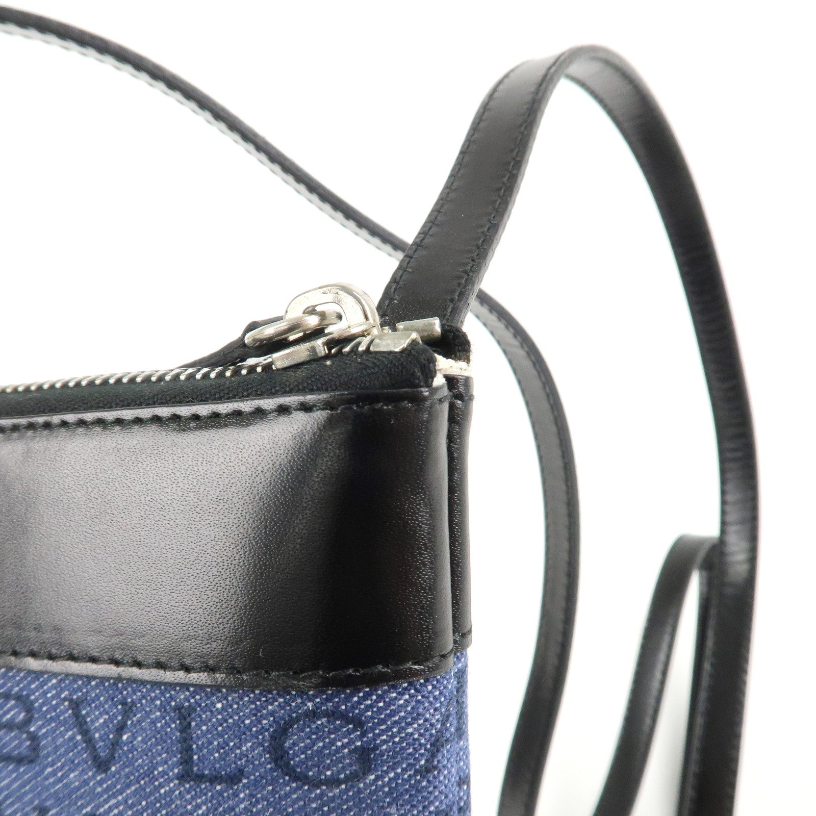BVLGARI Logo Mania Canvas Leather Shoulder Bag Blue Used