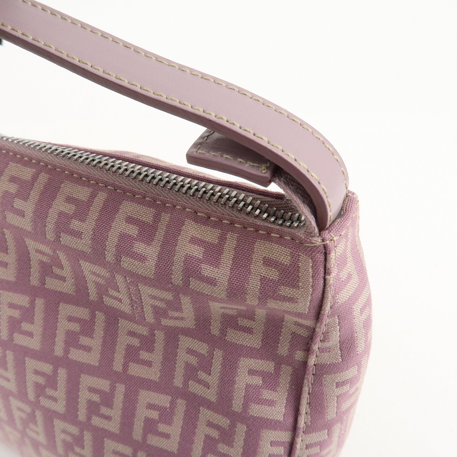 Auth FENDI Zucchino Canvas Leather Hand Bag Pouch Purple Beige 8N0005 Used F/S Used