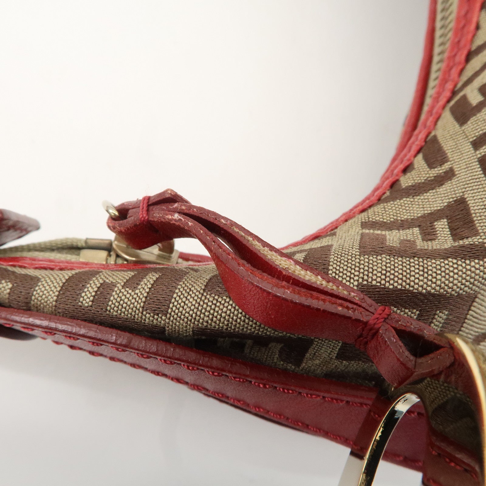 FENDI Zucchino Canvas Leather Shoulder Bag Khaki Brown Red 8BR465 Used