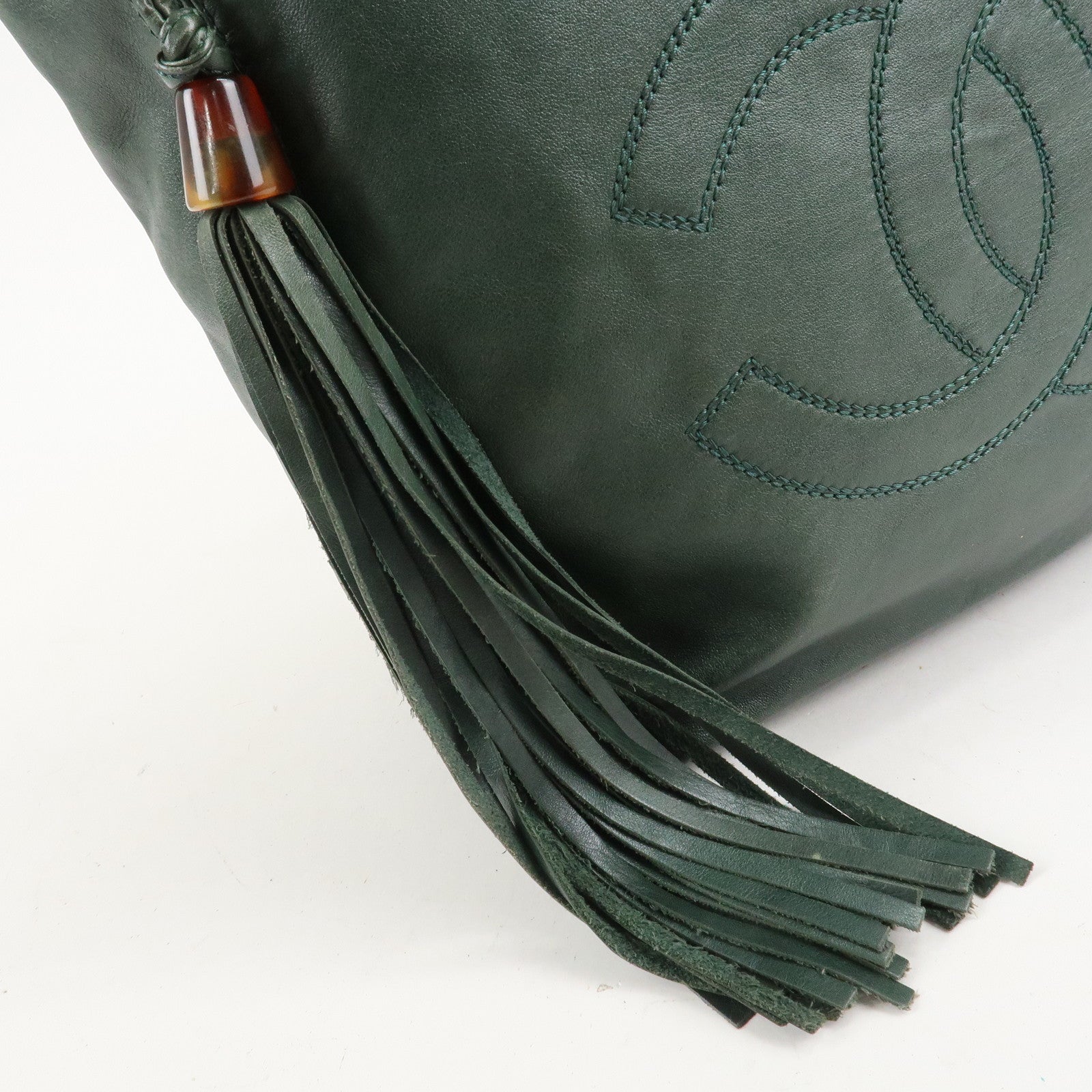 CHANEL COCO Mark Lamb Skin Tassel Fringe Shoulder Bag Green Used