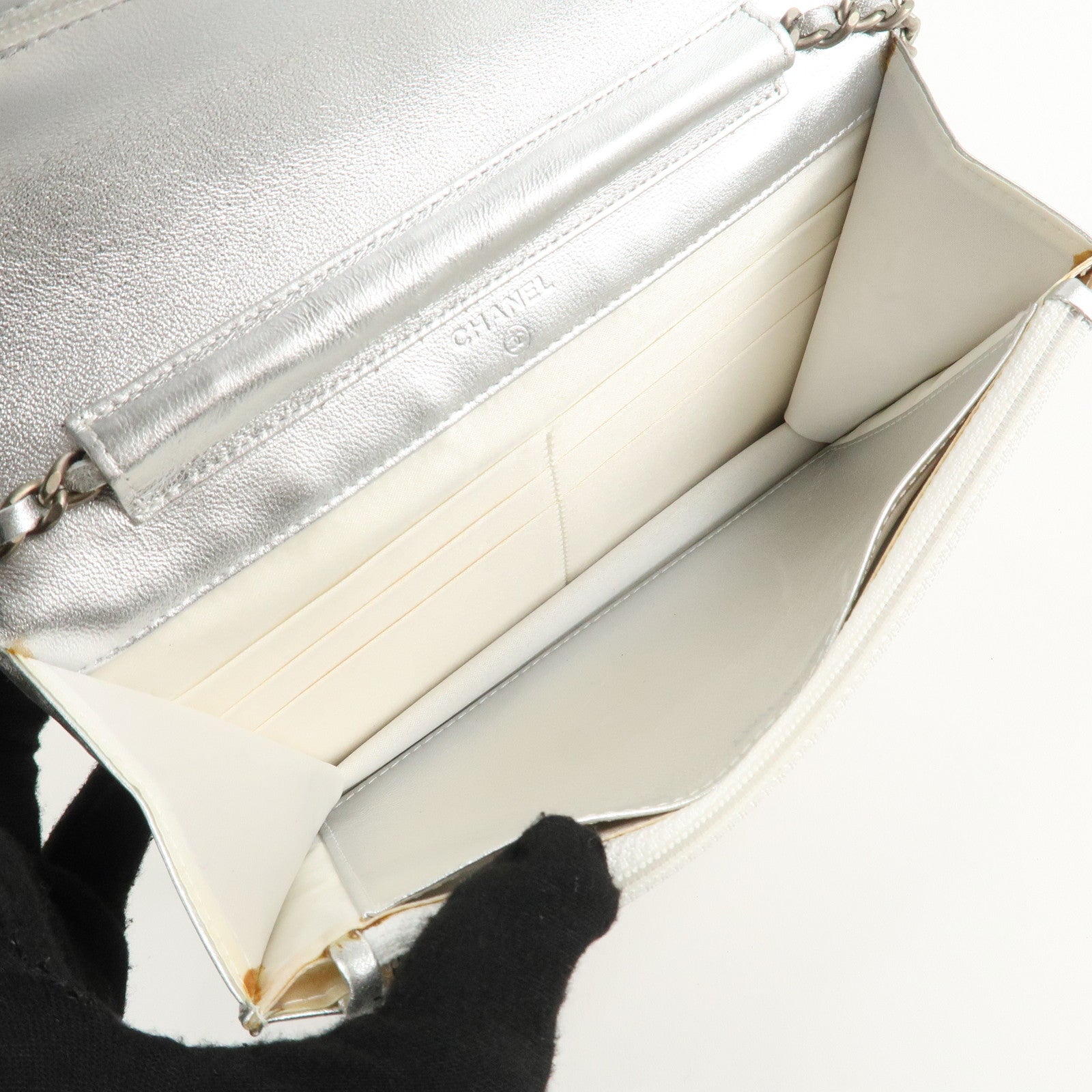 Chanel New Travel Line Nylon Jacquard Leather Chain Wallet A15772 Used