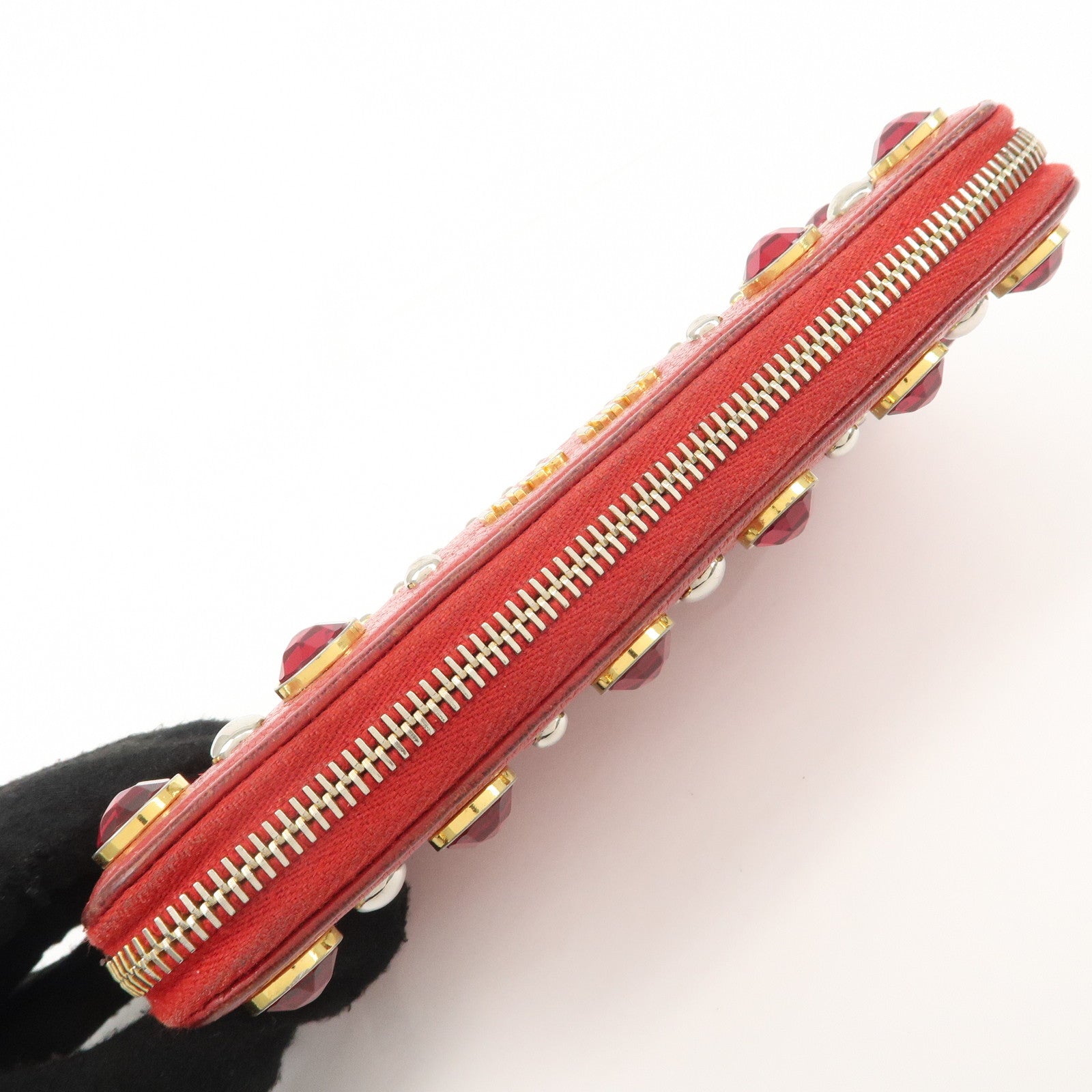 MIU MIU Leather Round Zipper Long Wallet Bijou Studs Red Used
