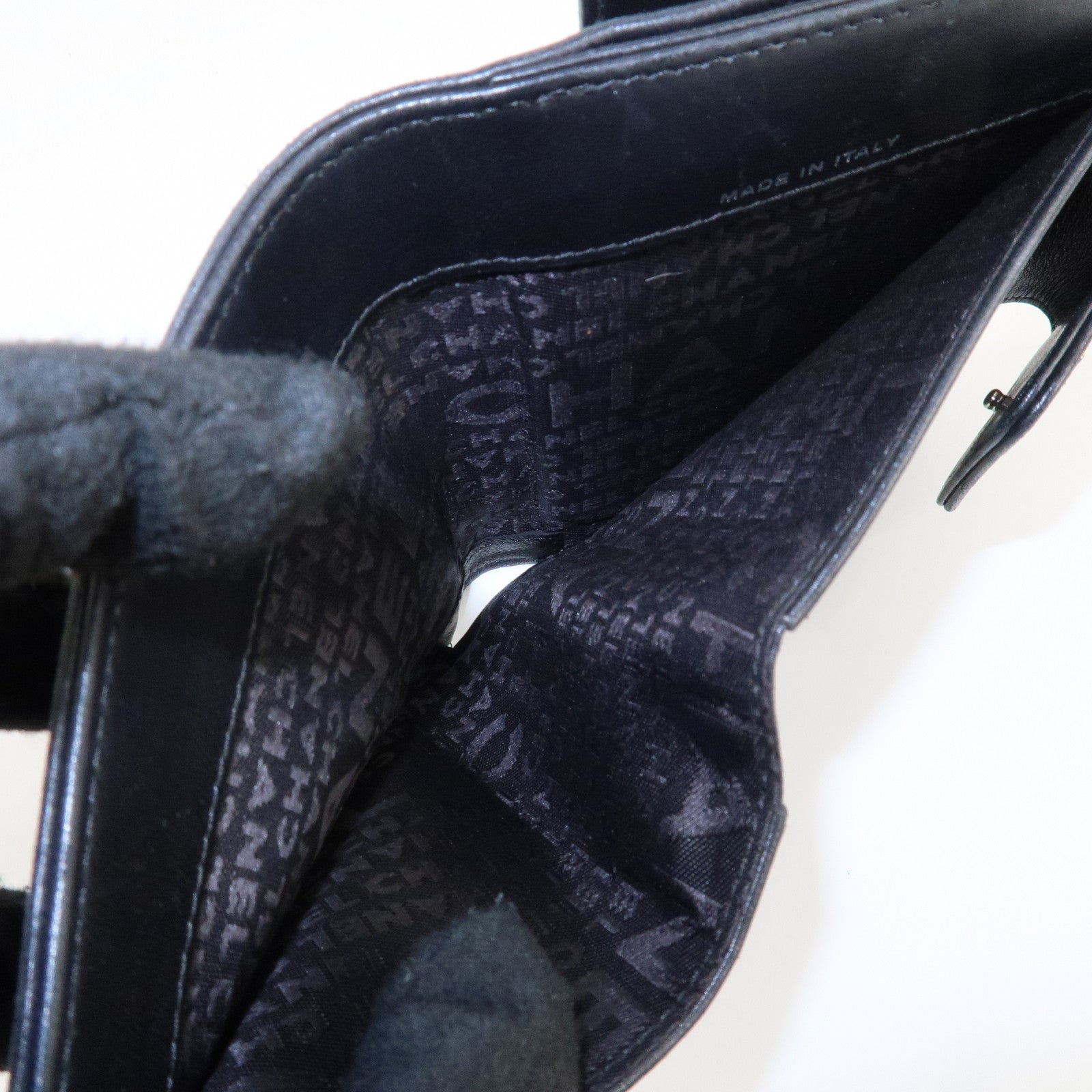 CHANEL Icon Line Lamb Skin W Flap Bi-fold Wallet Black A24212 Used