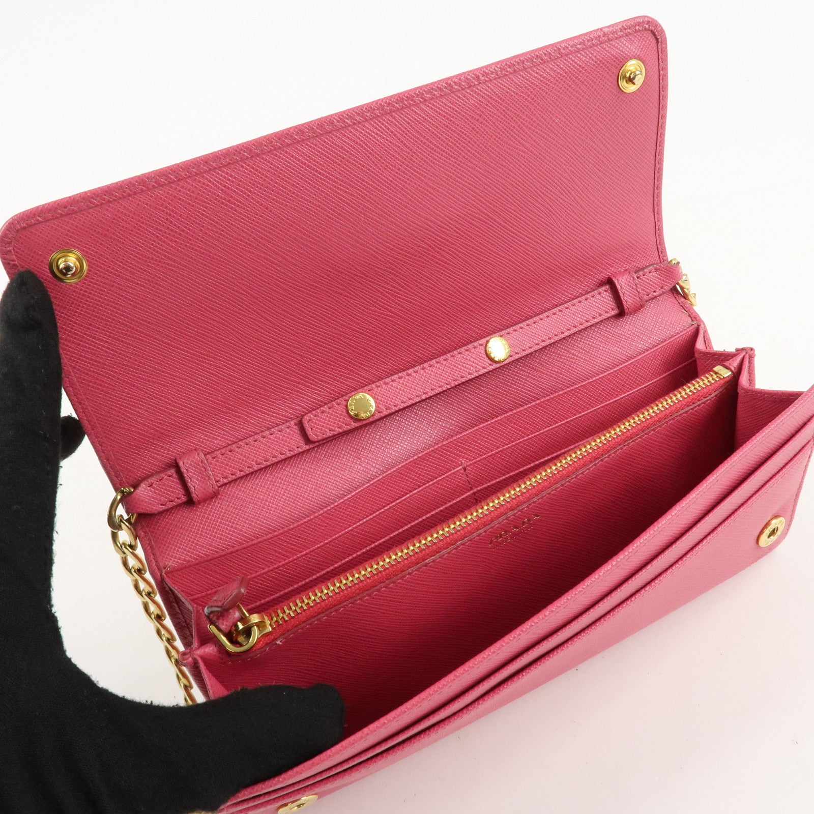 PRADA Saffiano Metal Chain Wallet Shoulder Bag Pink 1DH002 Used