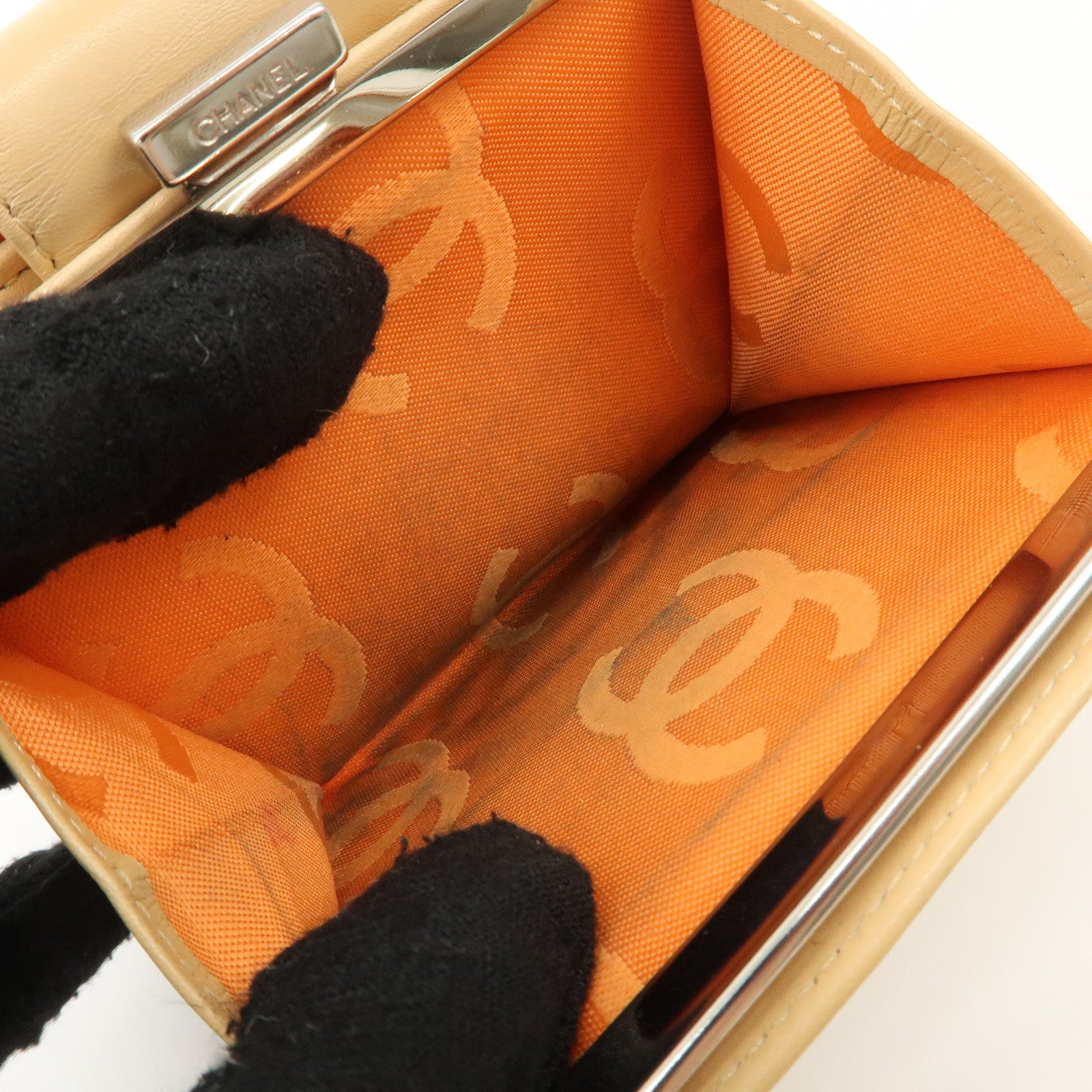 CHANEL Cambon Line Patent Leather Bi-fold Wallet Beige A26720 Used