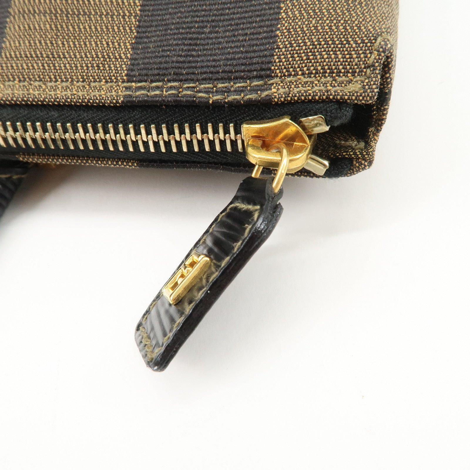 FENDI Pequin Canvas Leather Hand Bag Tote Bag Black Brown