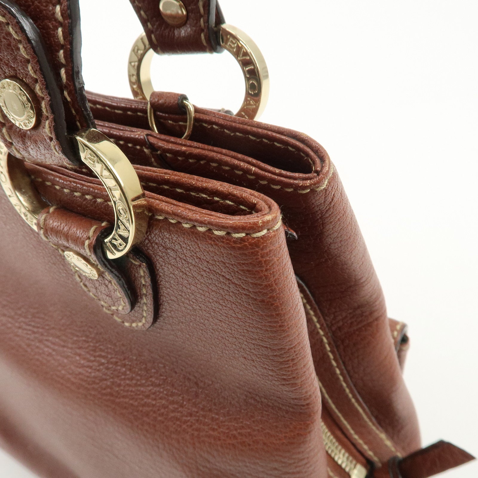 BVLGARI Leather Front Pocket Hand Bag Tote Bag Brown Used