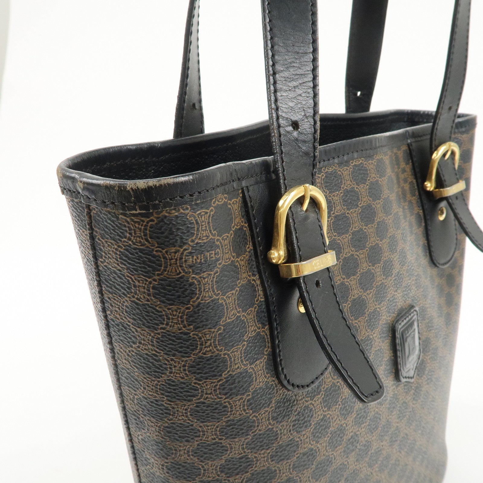 CELINE Macadam PVC Leather Tote Bag Shoulder Bag Black Brown Used