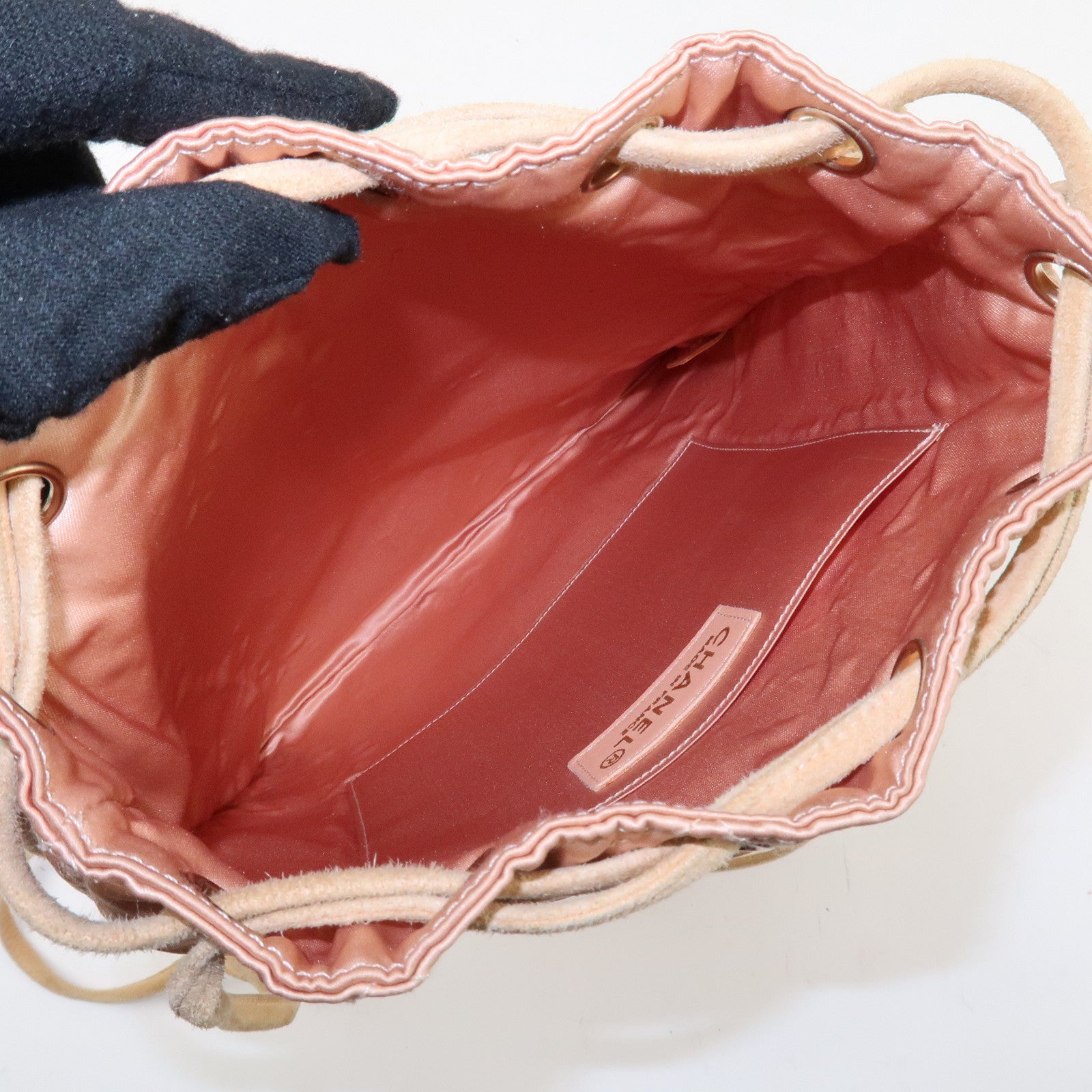 CHANEL Matelasse Satin Suede Back Pack Ruck Sack Pink Beige Used