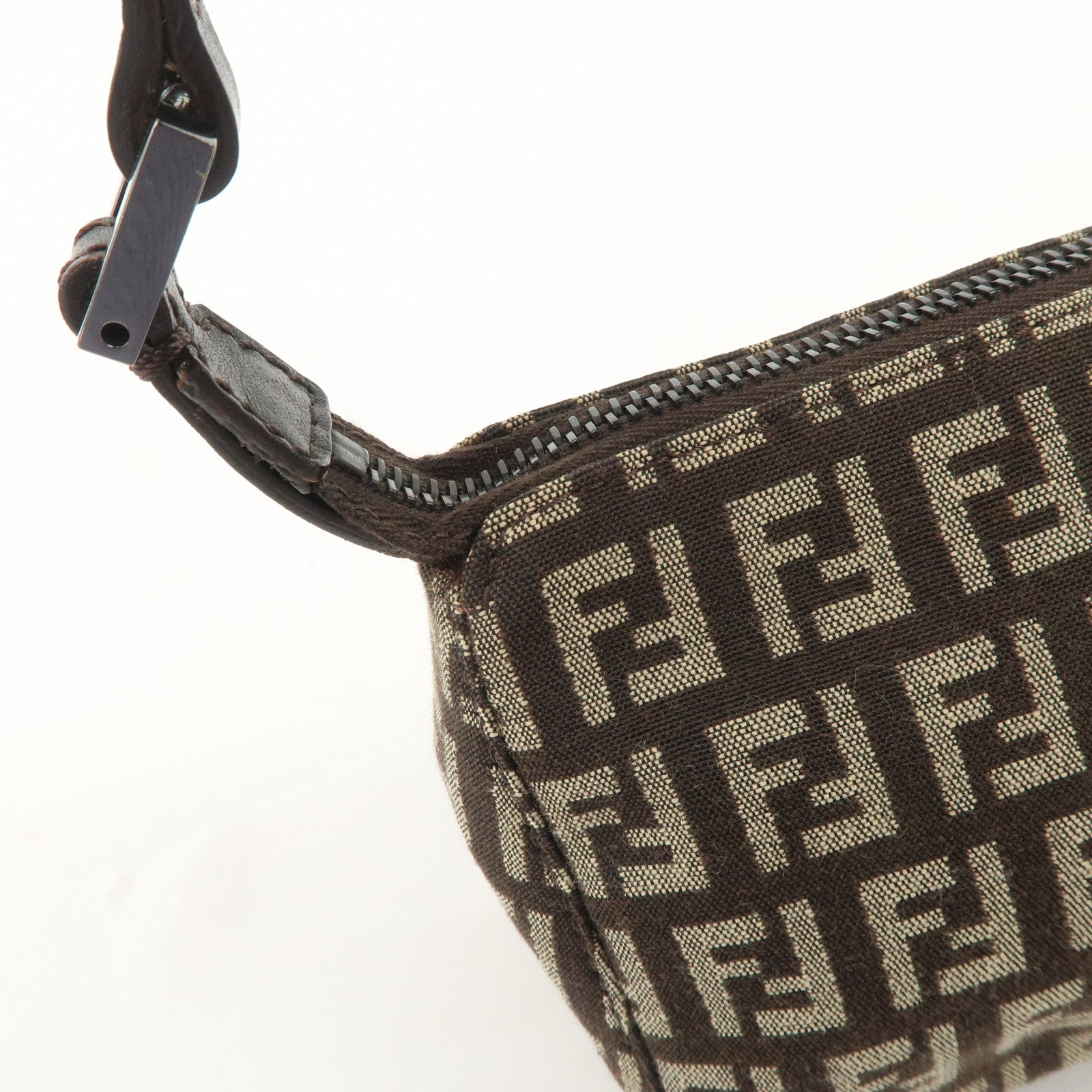FENDI Zucchino Canvas Leather Shoulder Bag Dark Brown 8BR249 Used