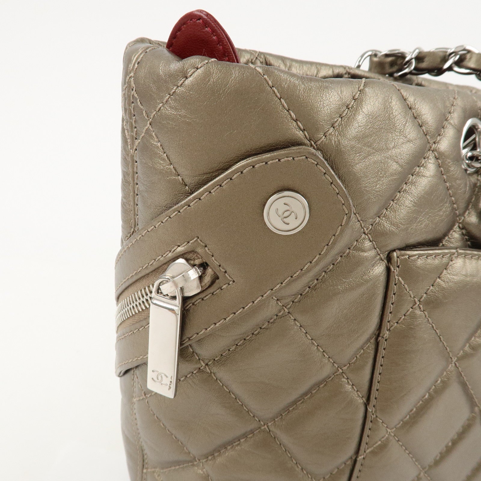 CHANEL Cambon Line Lamb Skin Cotton Club Hand Bag Bronze A34318 Used