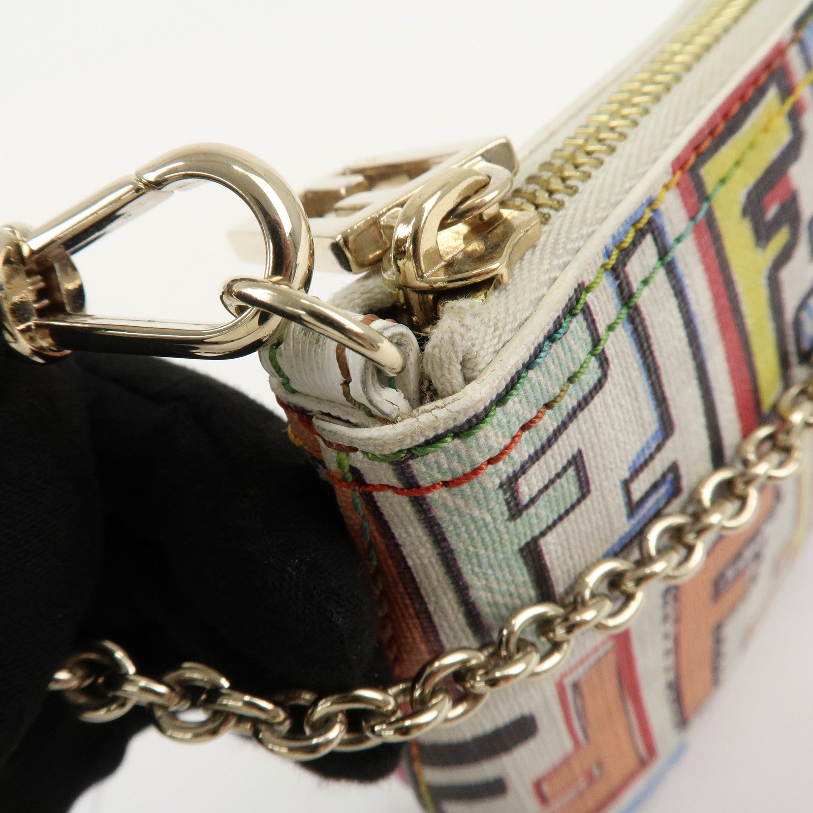 FENDI Zucca PVC Accessory Chain Pouch Multi Color Ivory 8BR592 Used