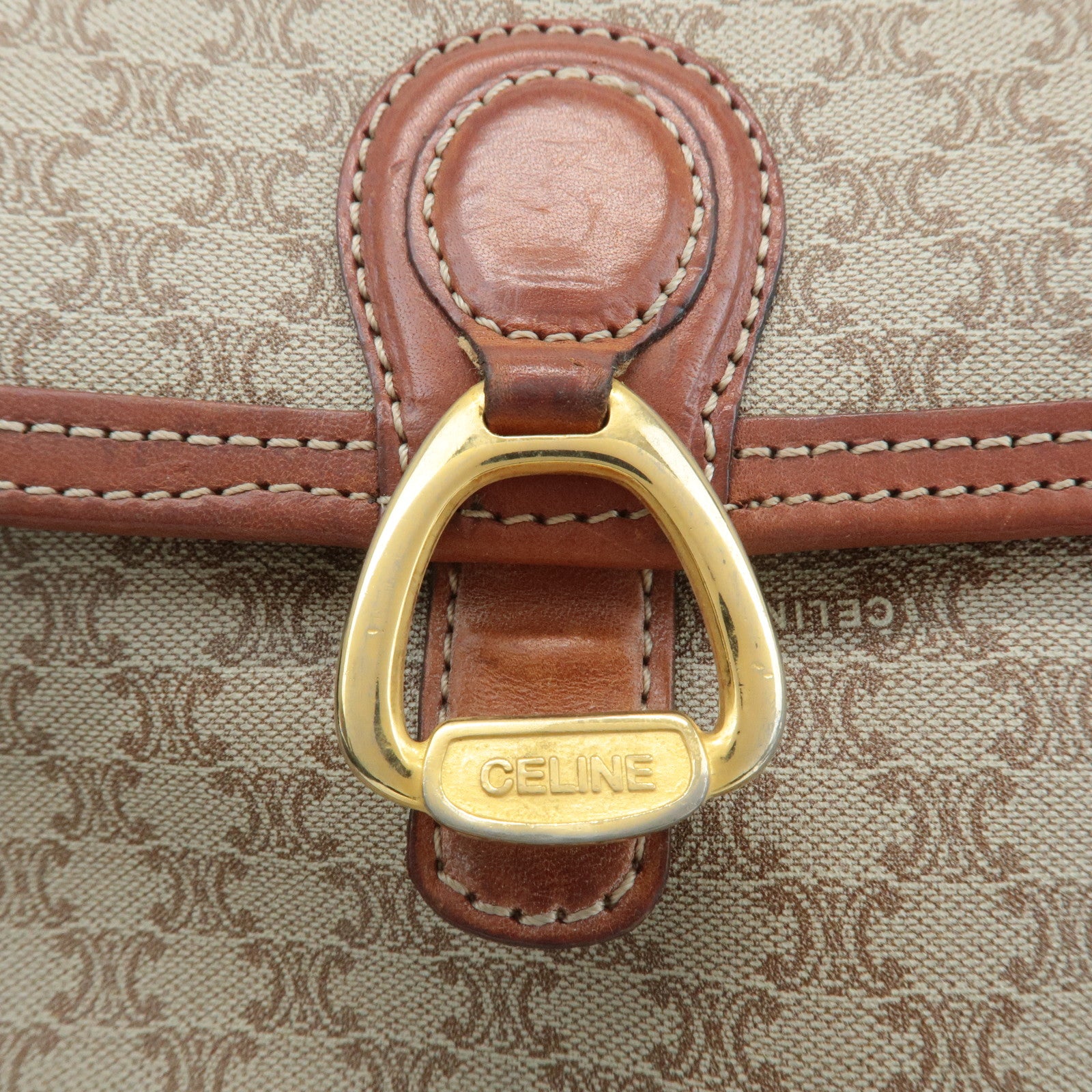 CELINE Macadam PVC Leather Shoulder Bag Beige Brown Used