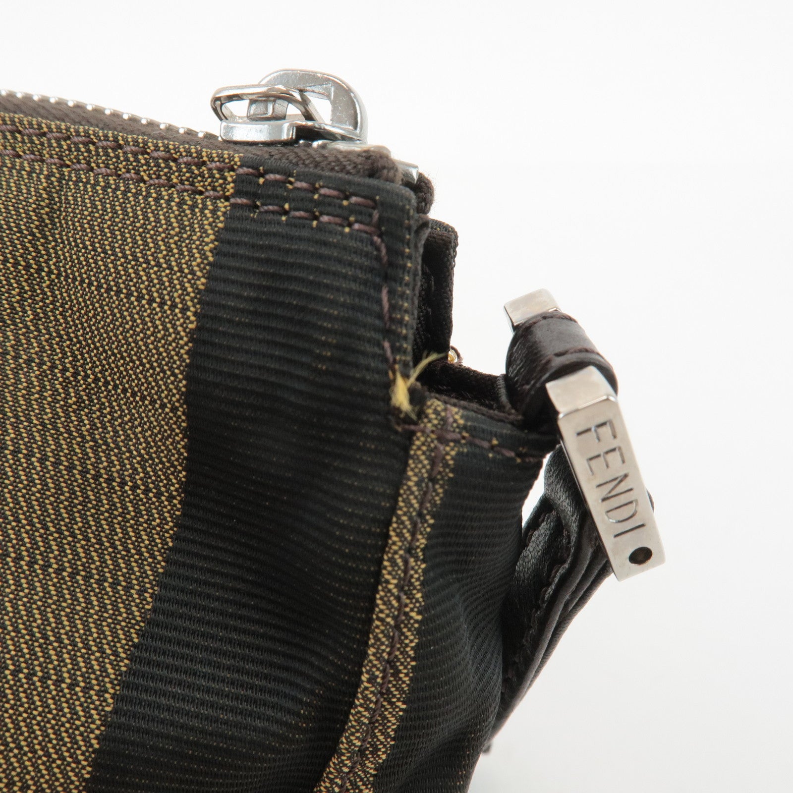 FENDI Pequin Canvas Leather Shoulder Bag Khaki Black 26617 Used