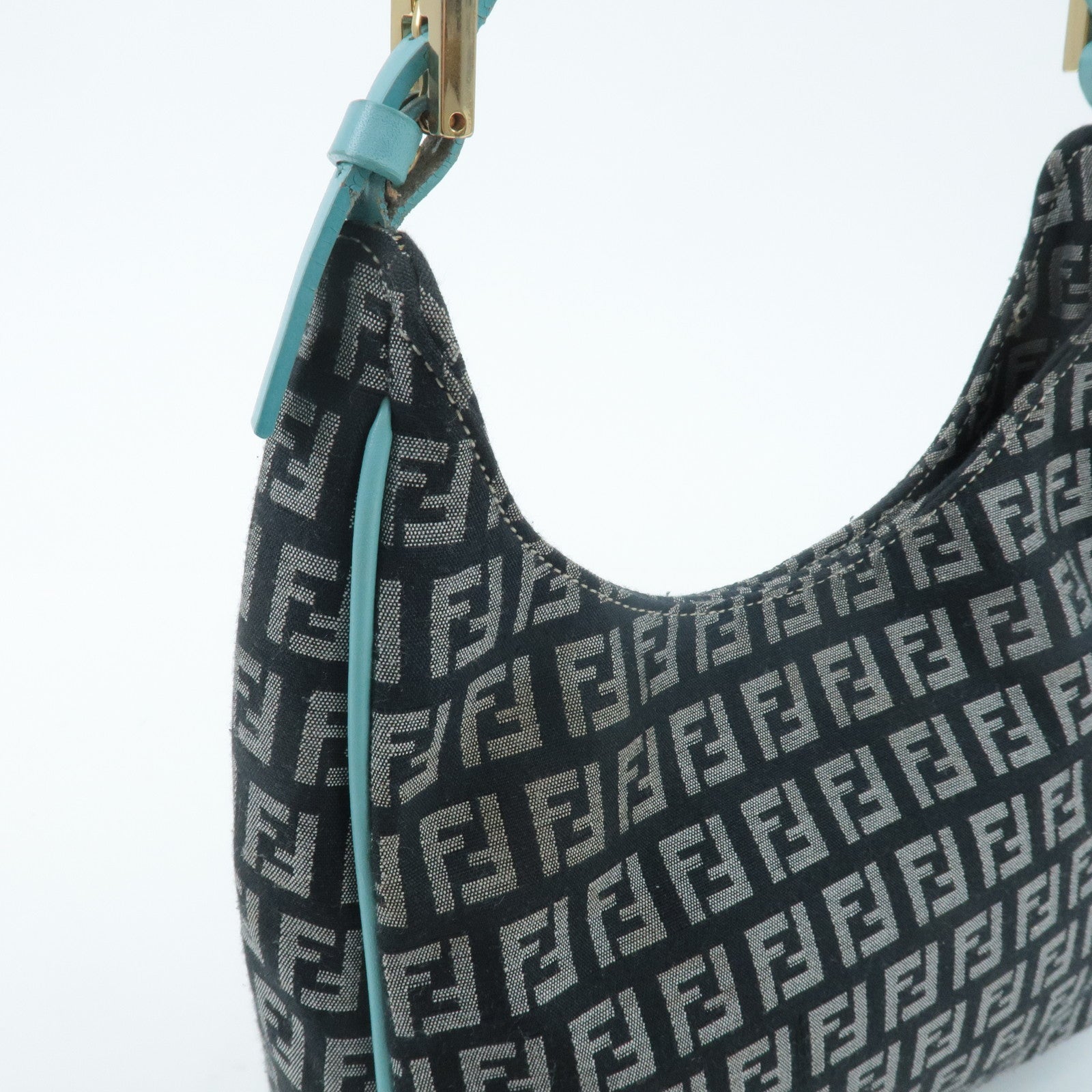 FENDI Zucchino Canvas Leather Shoulder Bag Black White Blue 8BR158 Used