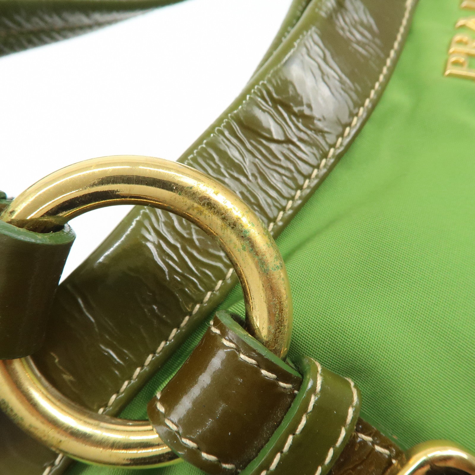 PRADA Nylon Patent Leather Tote Bag Shoulder Bag Green Khaki Used