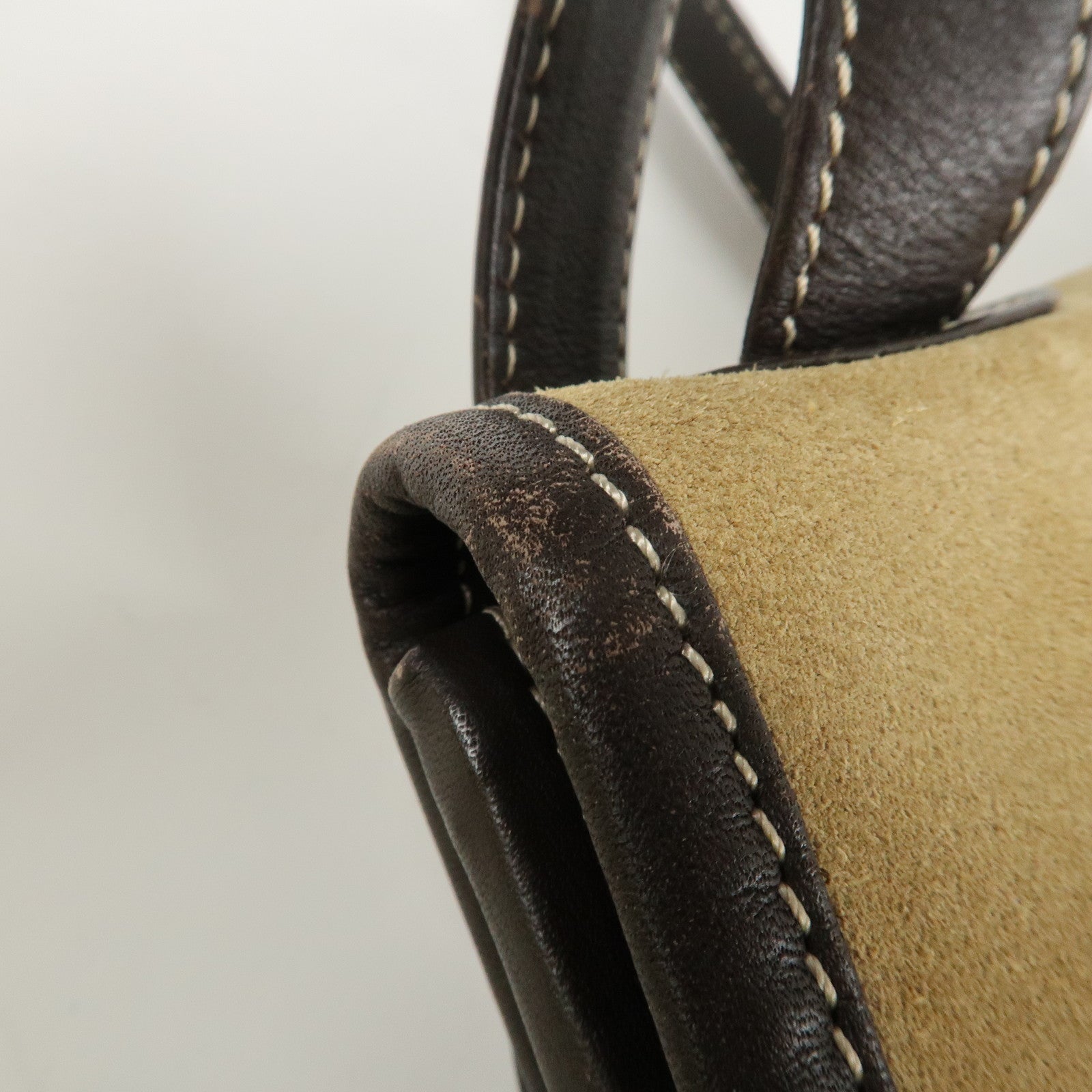 LOEWE Anagram Suede Leather Back Pack Ruck Sack Beige Dark Brown Used