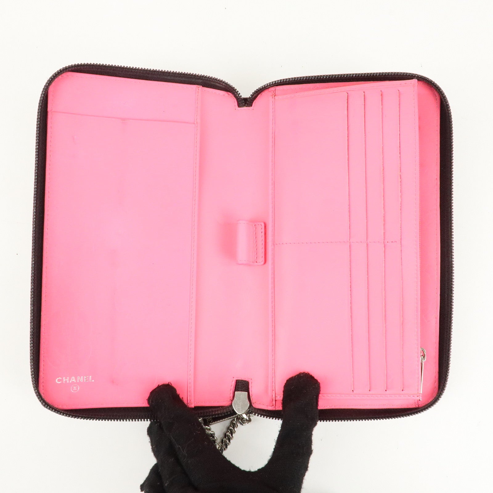 CHANEL Cambon Line Leather Round Zippy Long Wallet Black A26710 Used