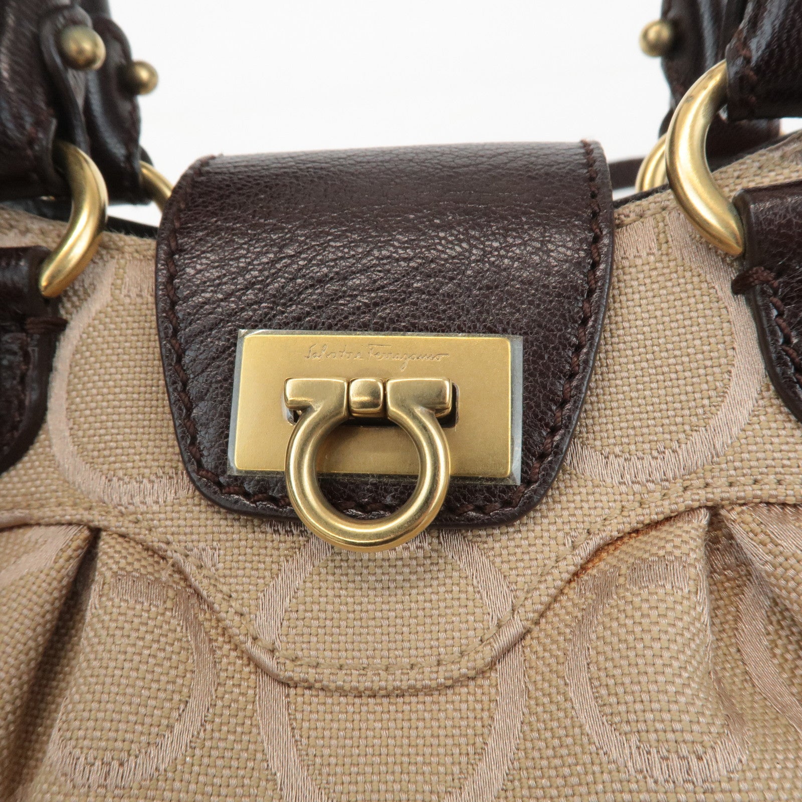 Ferragamo Gancini Canvas Leather 2Way Bag Beige Dark Brown Used