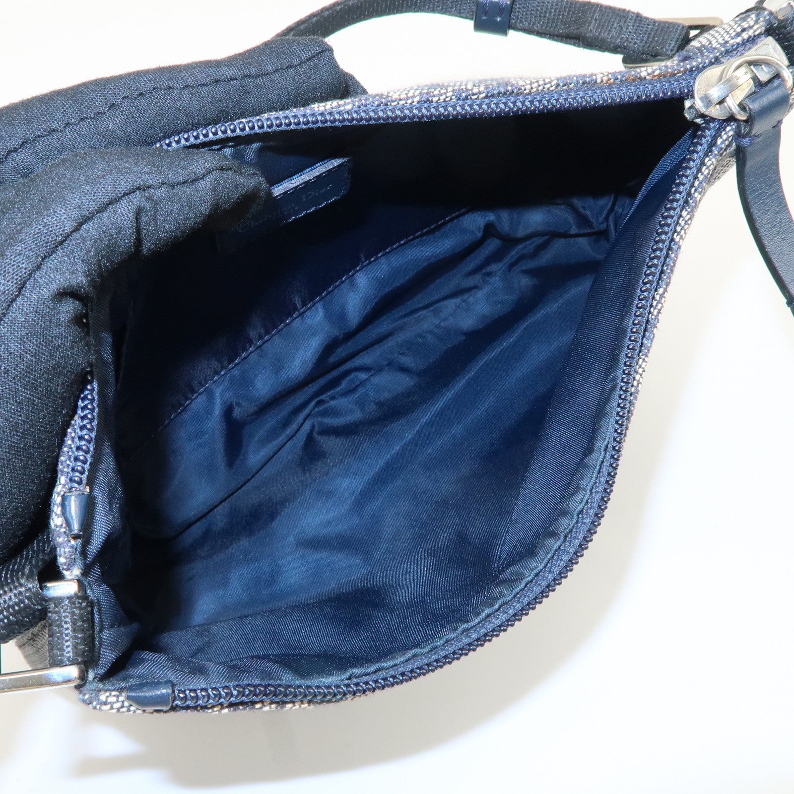 Christian Dior Trotter Canvas Leather Shoulder Bag Navy White Used