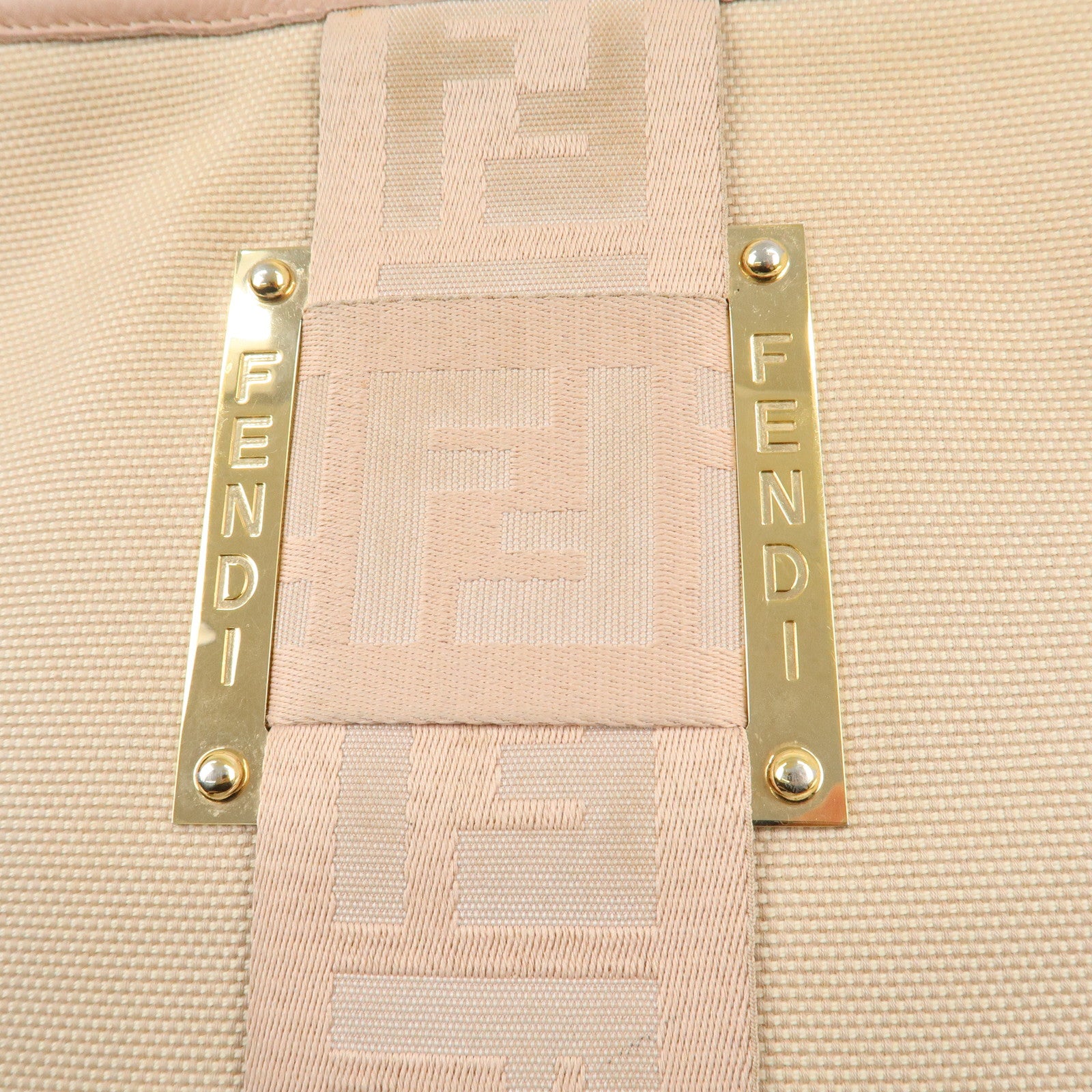 FENDI Logo Canvas Leather Shoulder Bag Beige Pink 8BT084 Used