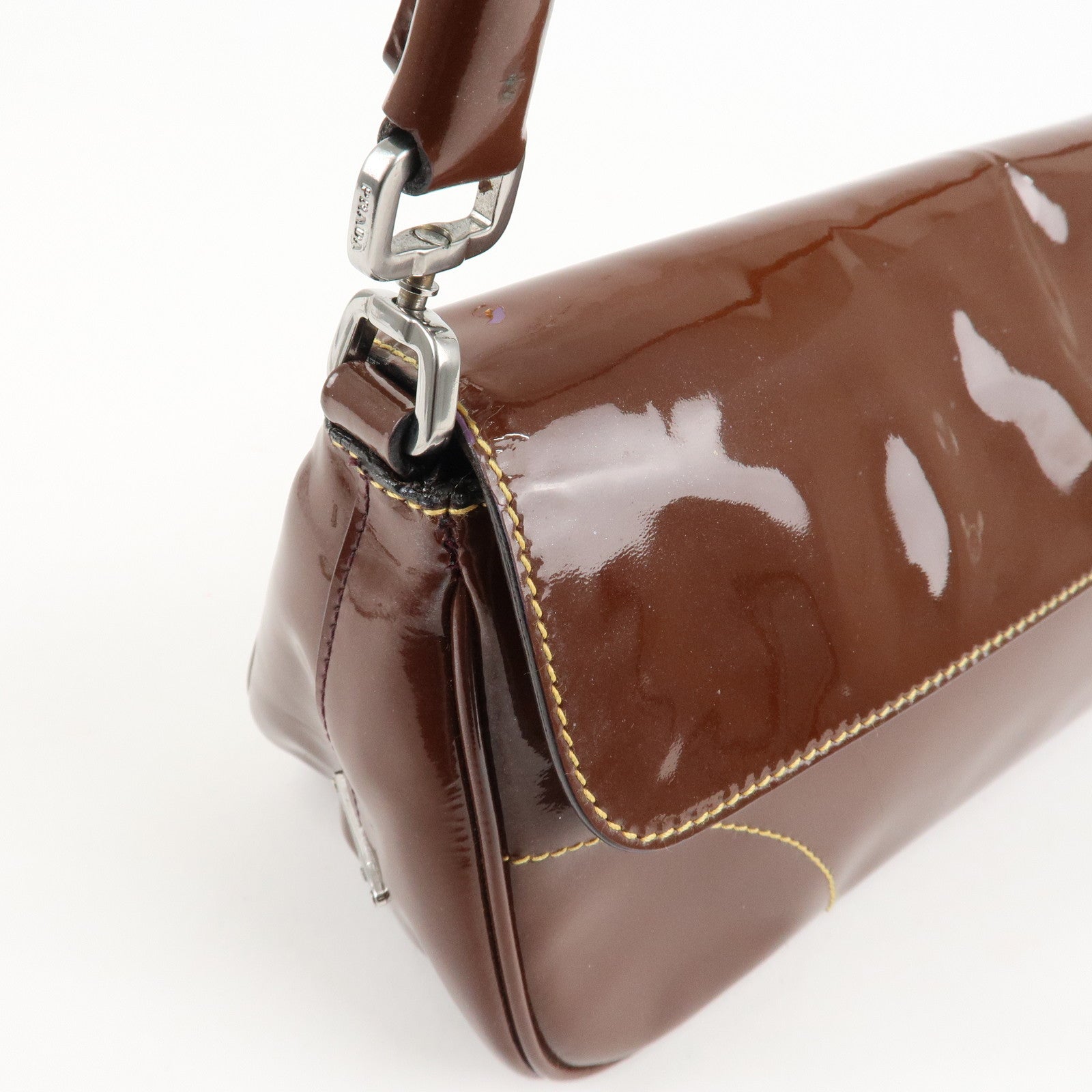 PRADA Patent Leather Shoulder Bag Brown Used
