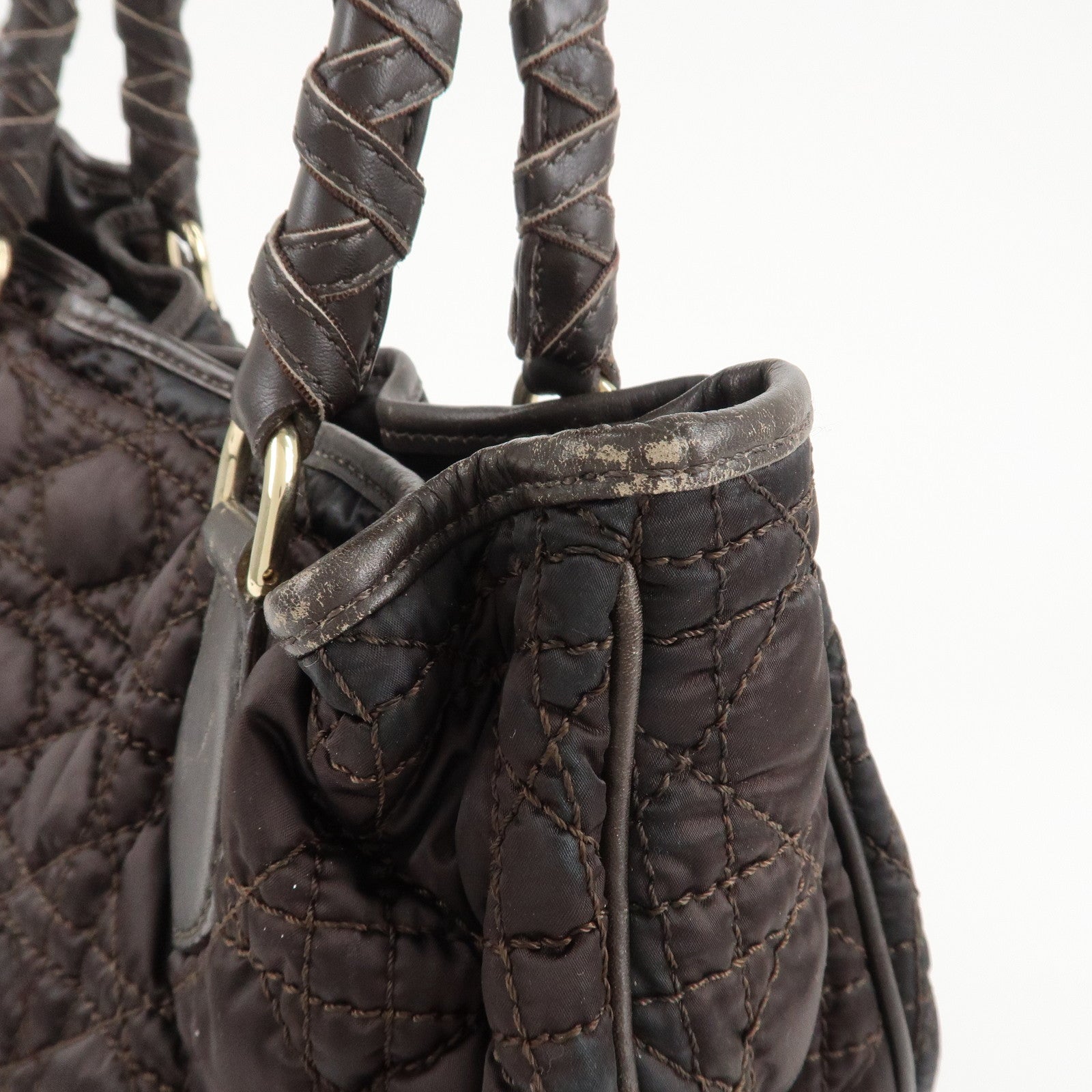 Christian Dior Cannage Nylon Leather Tote Bag Dark Brown Used