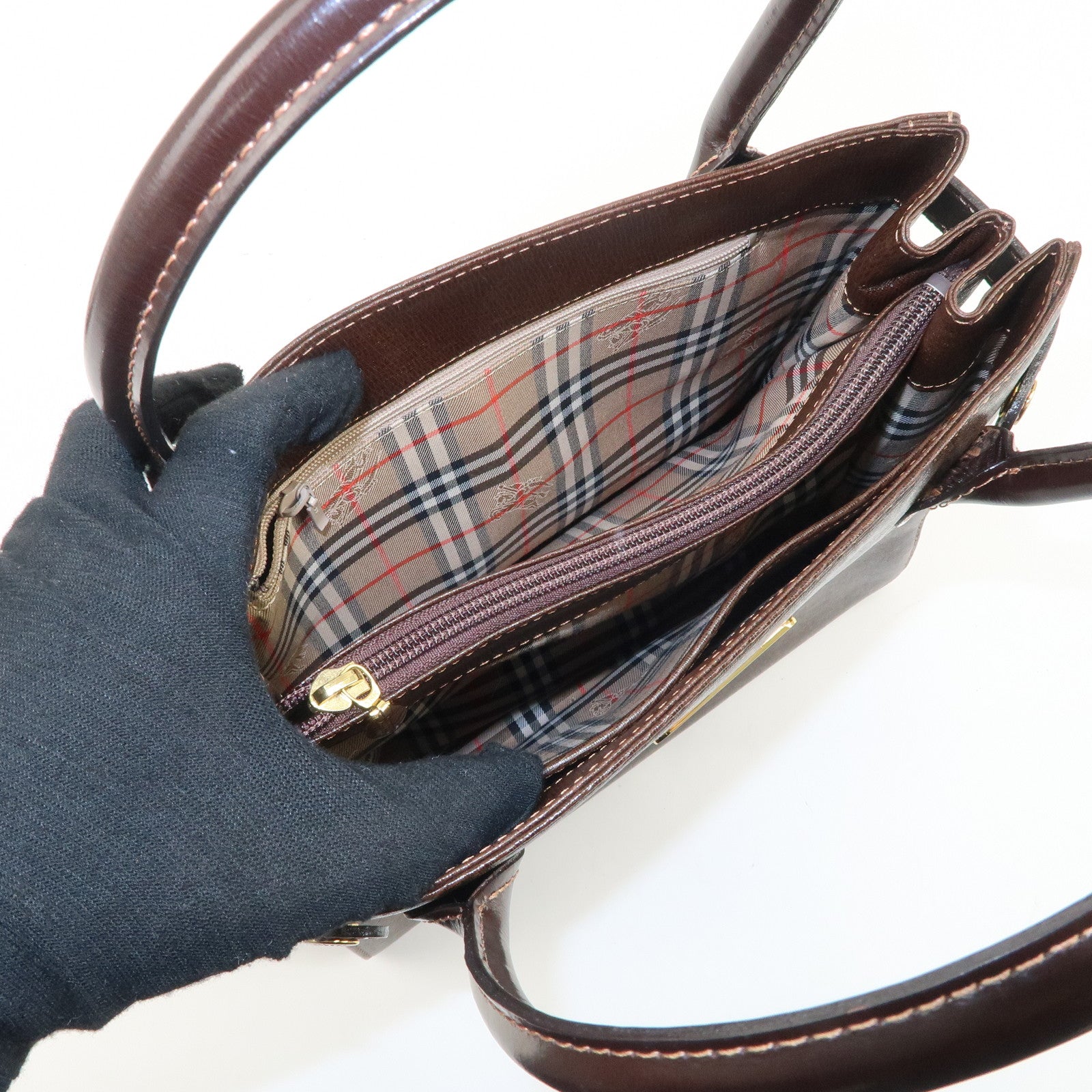 BURBERRY Leather Tote Bag Hand Bag Brown Gold Hardware Used