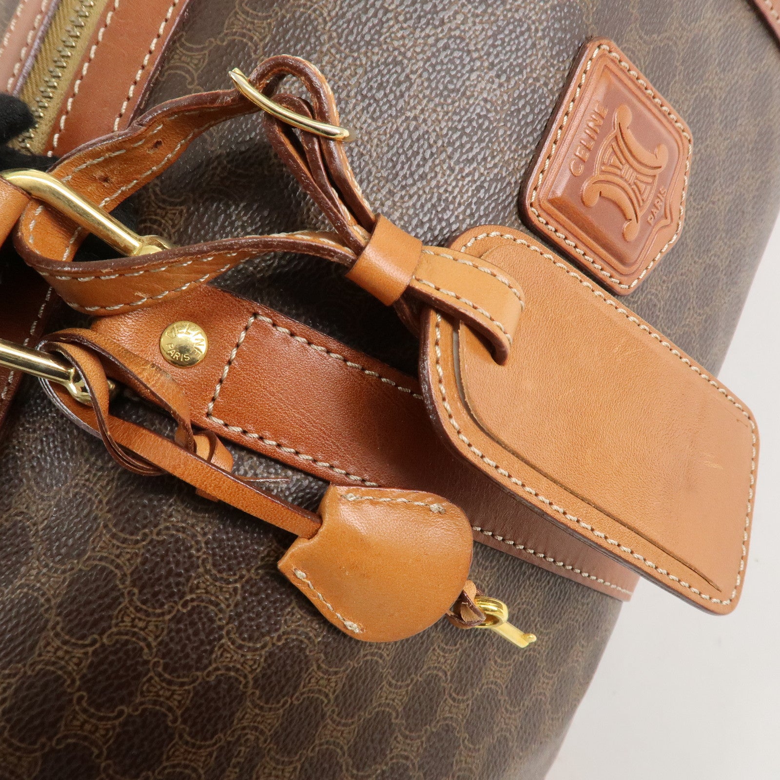 CELINE Macadam PVC Leather Boston Bag Hand Bag Brown Used