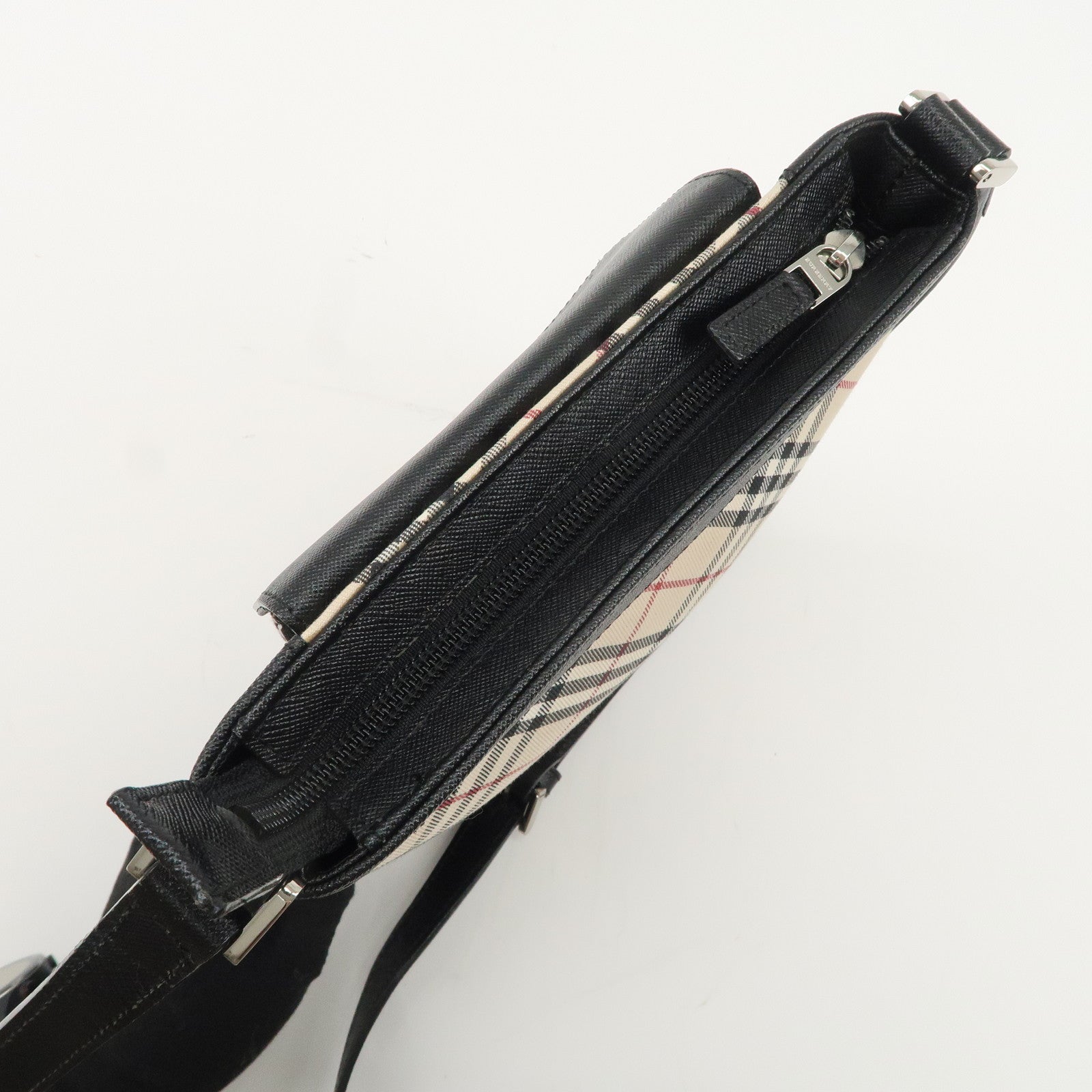 BURBERRY Canvas Leather Nova Plaid Shoulder Bag Beige Black Used