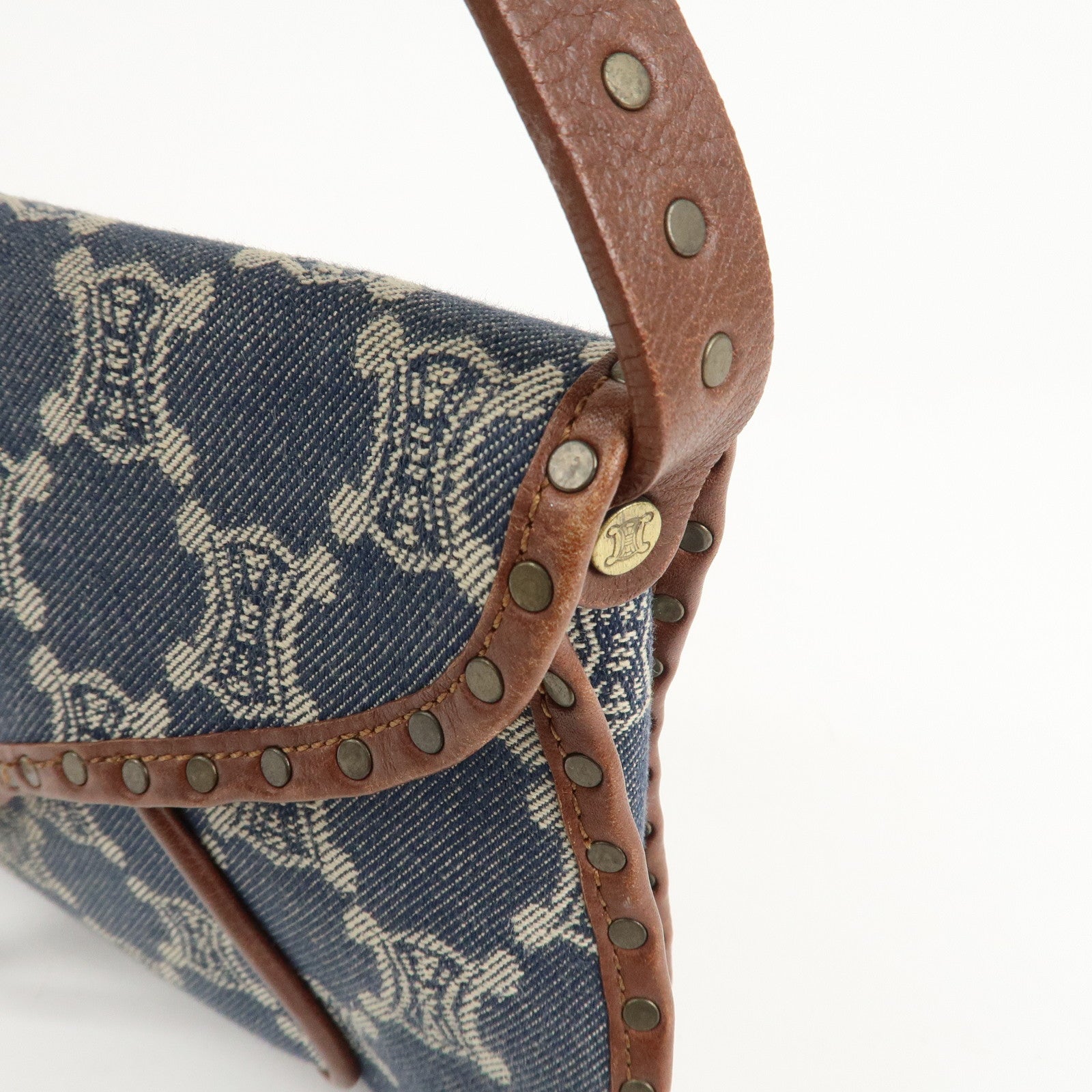 CELINE Macadam Denim Leather Shoulder Bag Blue Brown Used