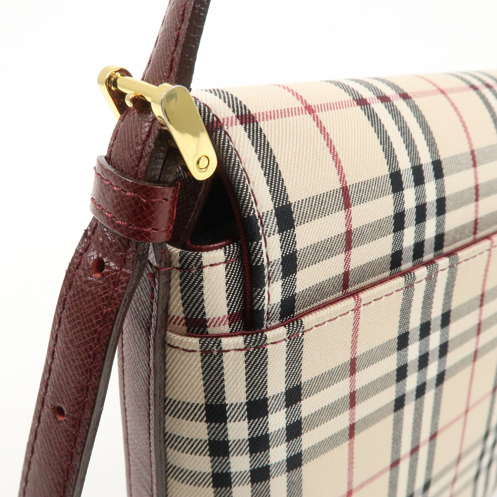 BURBERRY Canvas Leather Nova Plaid Shoulder Bag Hand Bag Bordeaux Used