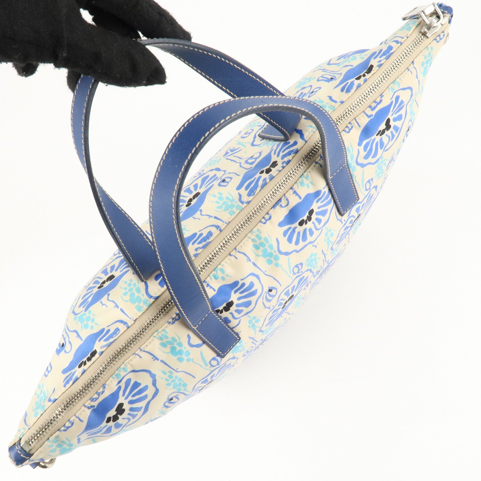 PRADA Nylon Leather 2Way Tote Bag White Blue Used