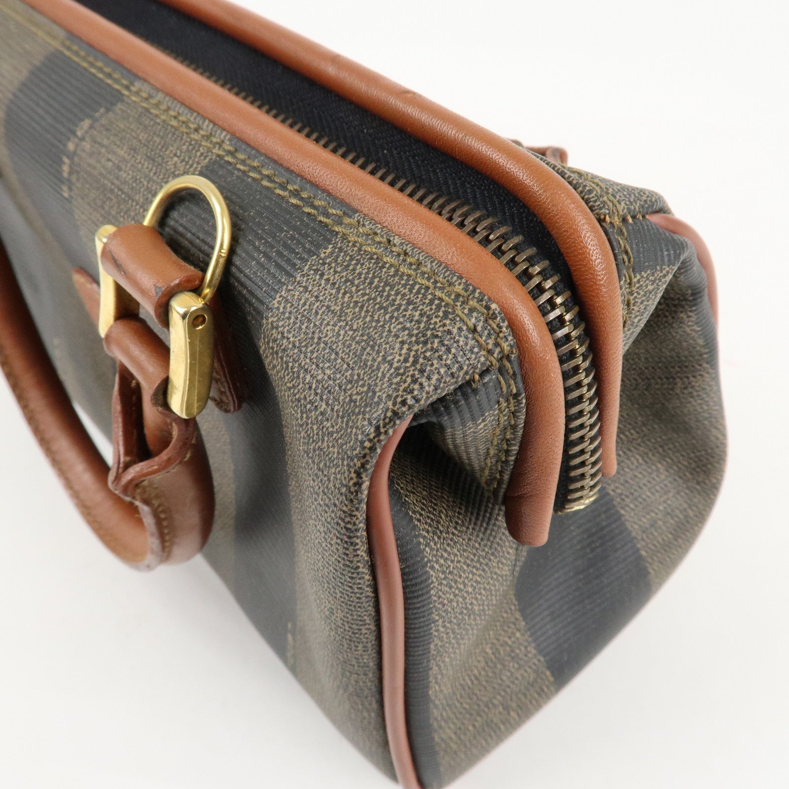 FENDI Pequin PVC Leather Mini Boston Bag Khaki Brown Black Used