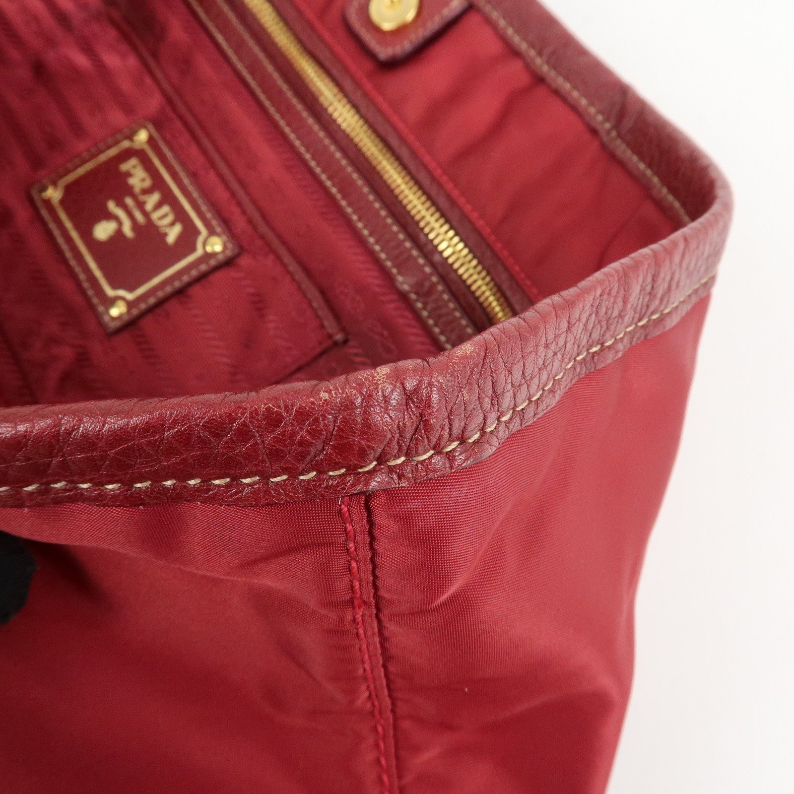 PRADA Logo Nylon Leather Tote Bag Shoulder Bag Dark Red BR4634 Used